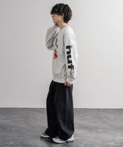 HUF ハフ オーバーサイズ裏起毛アソートプリント刺繍クルーネック長袖トレーナー 16462