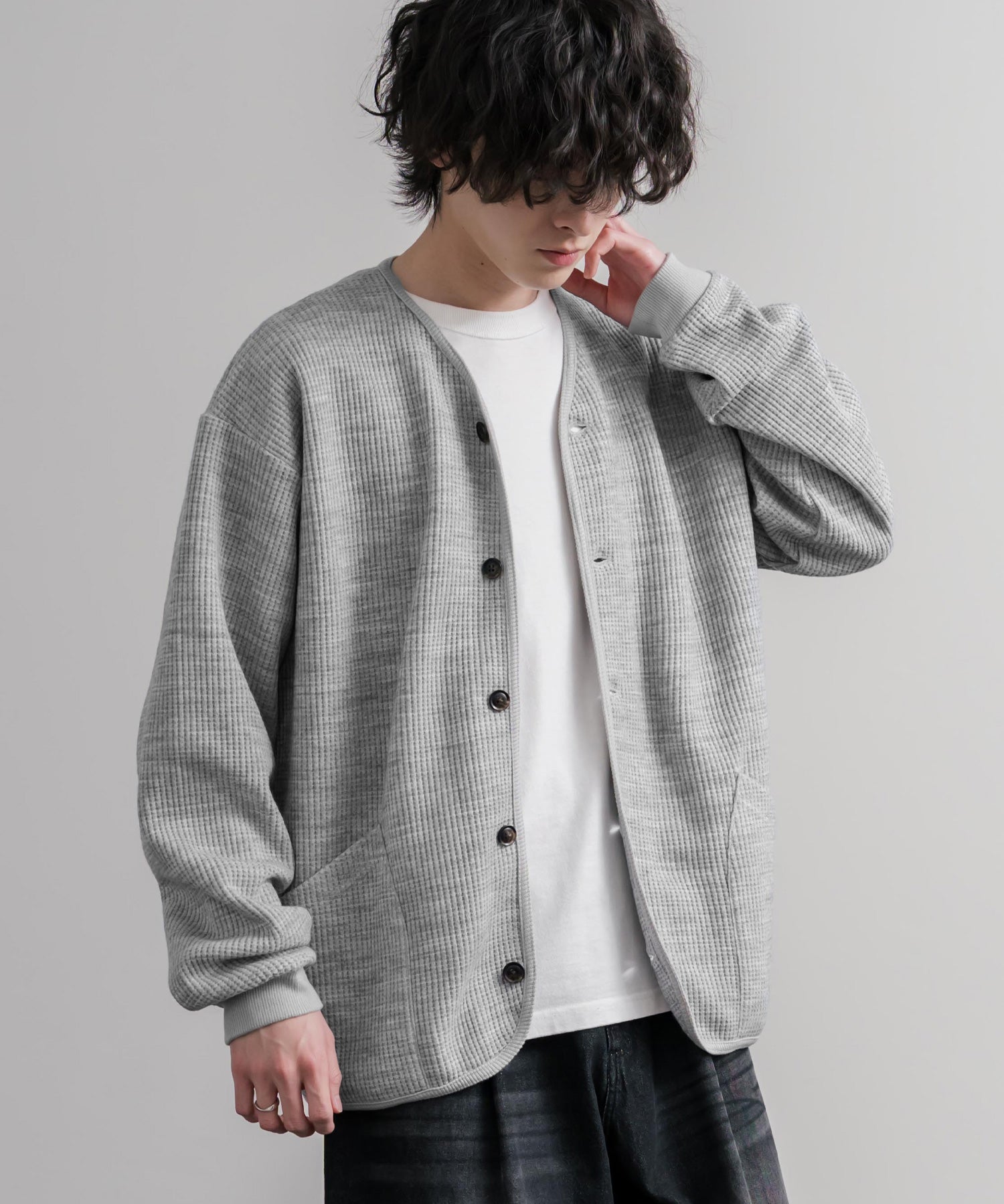 Upscape Audience アップスケープオーディエンス 日本製ウールビックワッフルニットソーノーカラーアーミーカーディガン AUD7290 16471