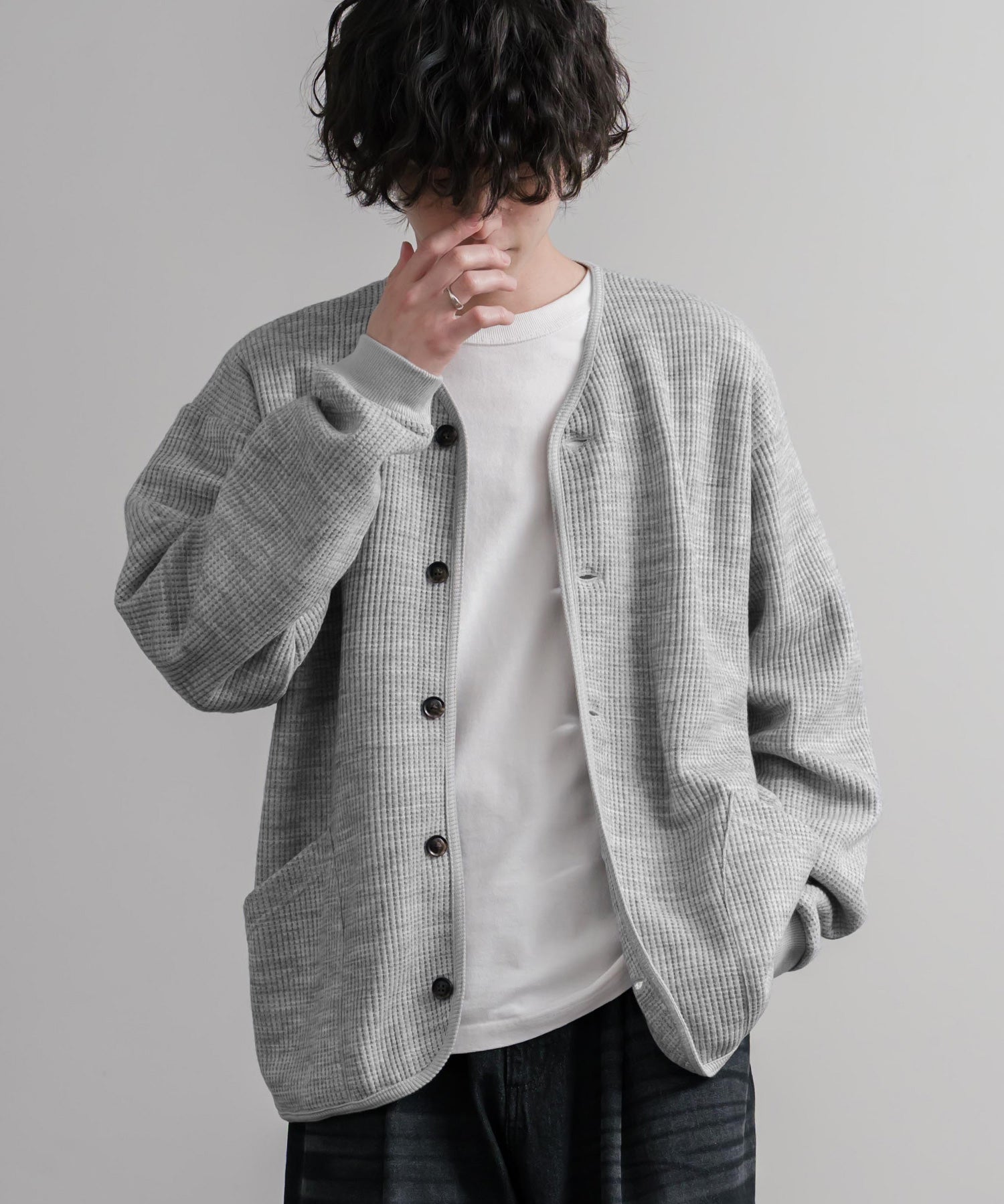 Upscape Audience アップスケープオーディエンス 日本製ウールビックワッフルニットソーノーカラーアーミーカーディガン AUD7290 16471