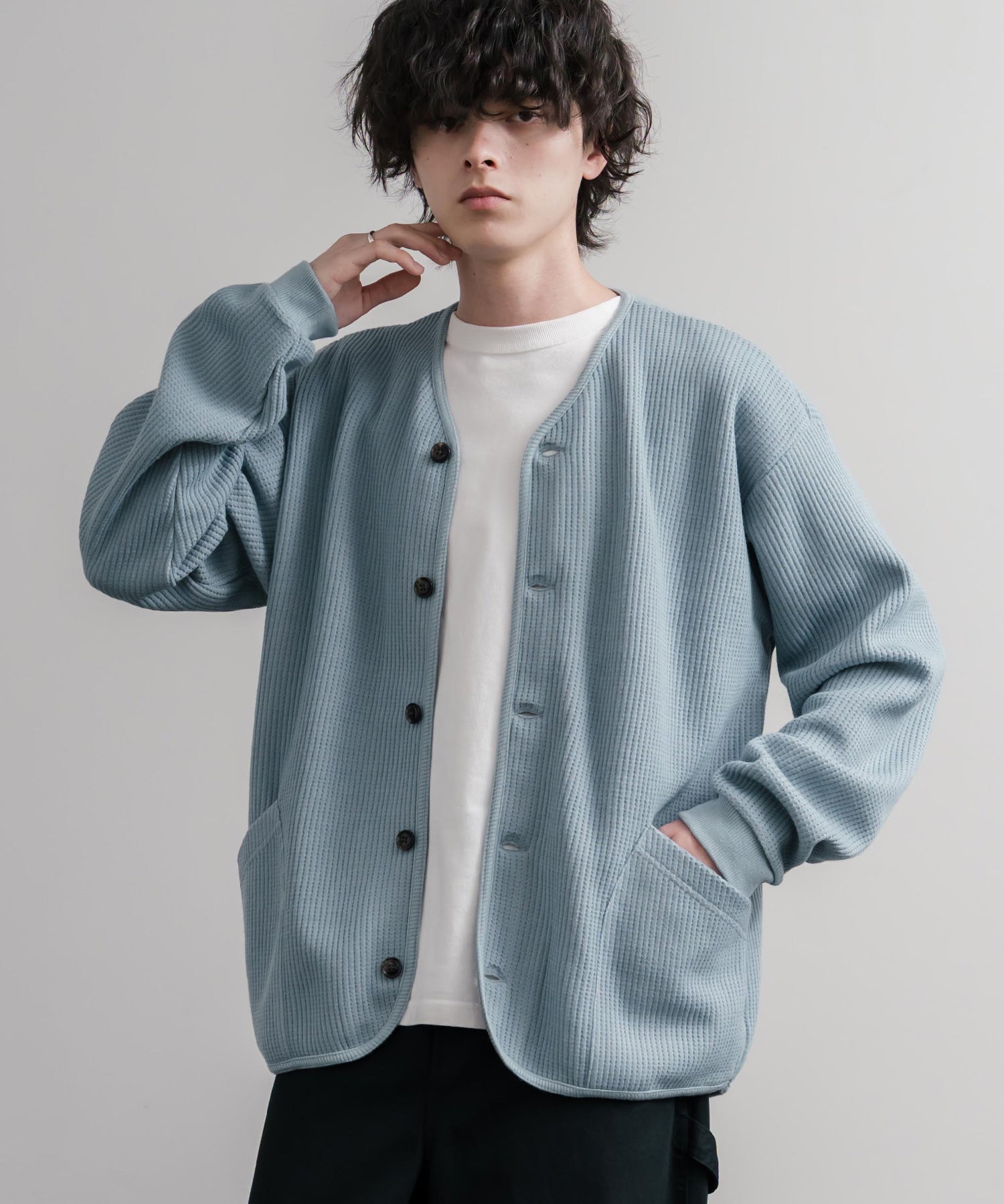 Upscape Audience アップスケープオーディエンス 日本製ウールビックワッフルニットソーノーカラーアーミーカーディガン AUD7290 16471