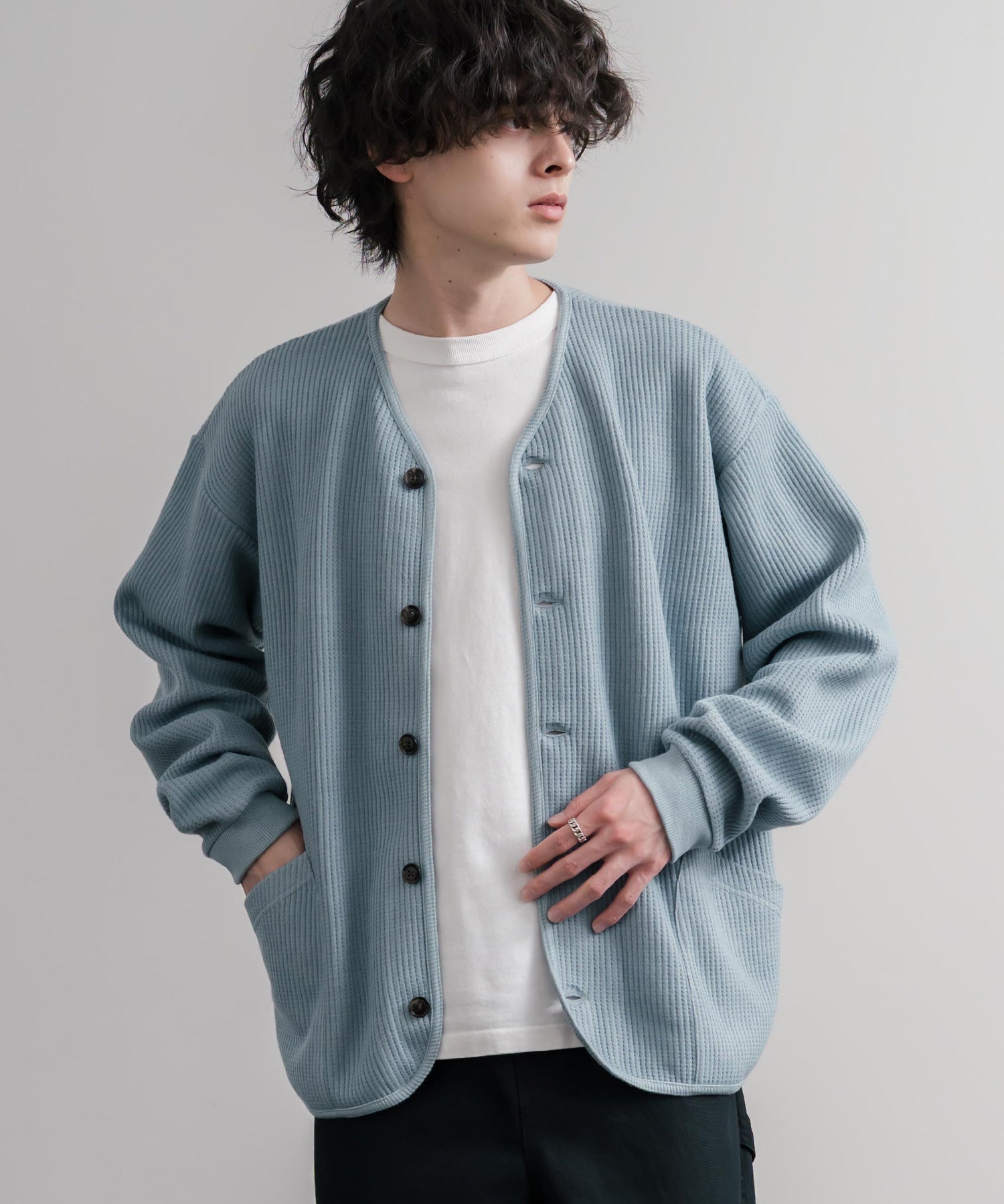 Upscape Audience アップスケープオーディエンス 日本製ウールビックワッフルニットソーノーカラーアーミーカーディガン AUD7290 16471
