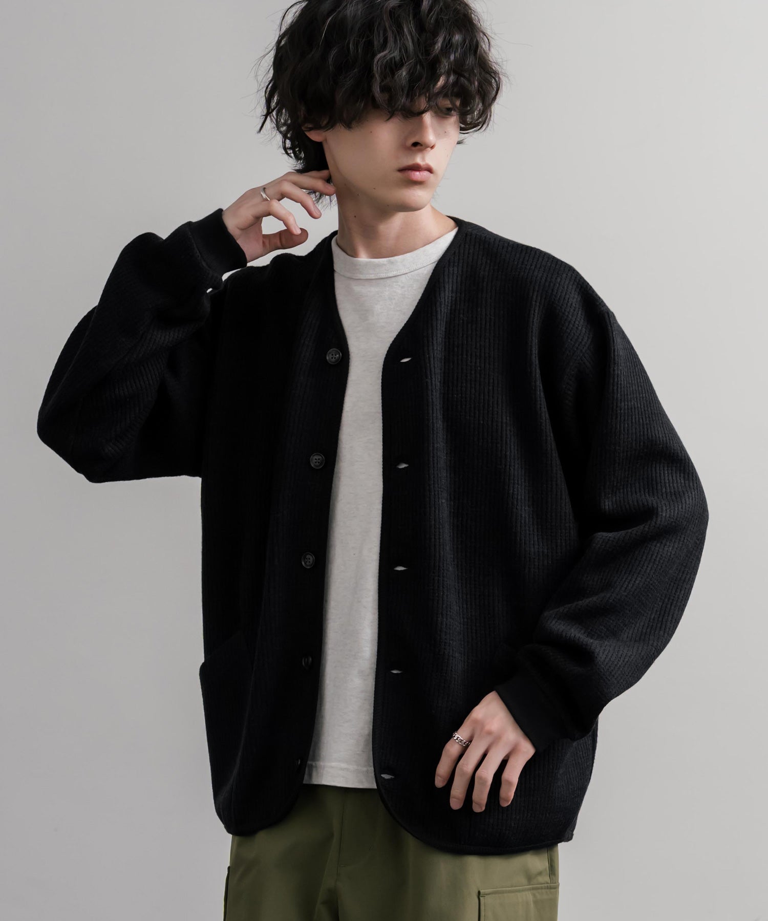 Upscape Audience アップスケープオーディエンス 日本製ウールビックワッフルニットソーノーカラーアーミーカーディガン AUD7290 16471