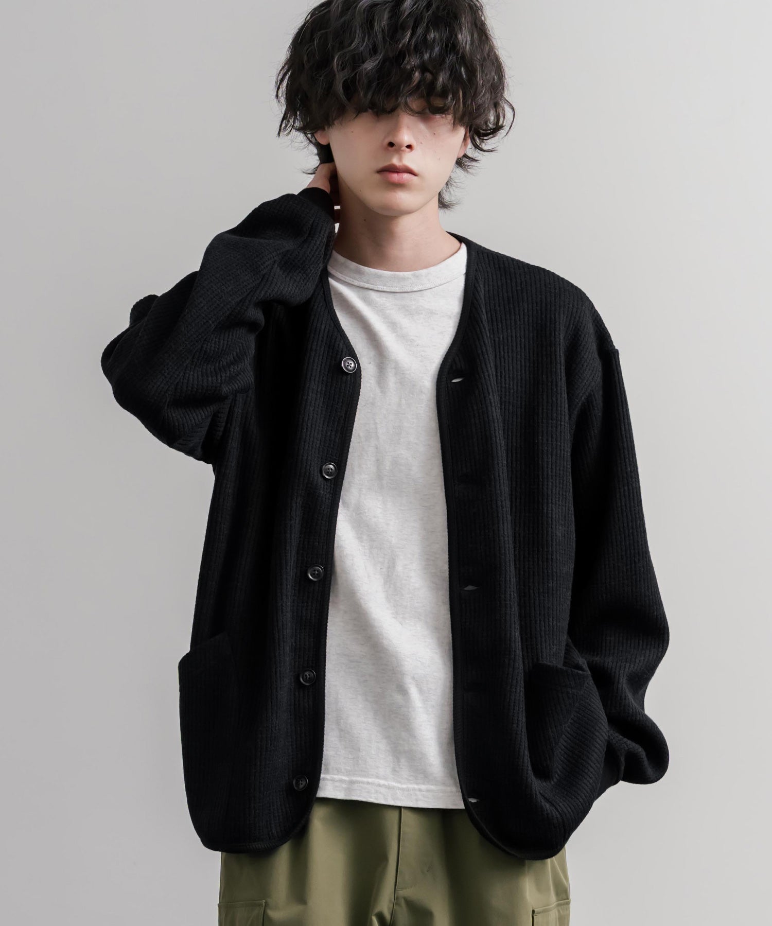Upscape Audience アップスケープオーディエンス 日本製ウールビックワッフルニットソーノーカラーアーミーカーディガン AUD7290 16471