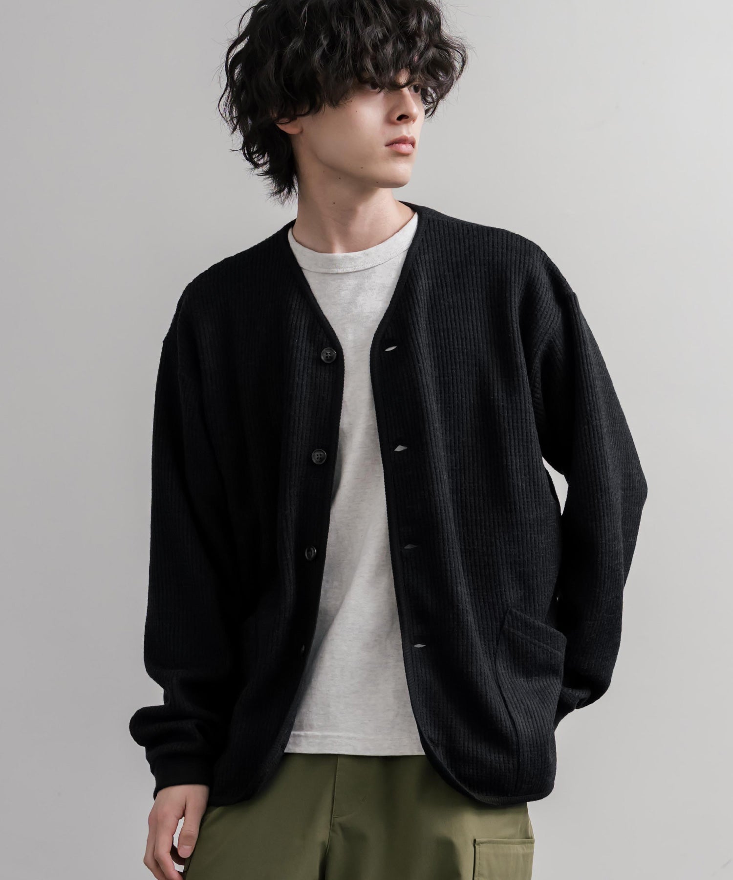 Upscape Audience アップスケープオーディエンス 日本製ウールビックワッフルニットソーノーカラーアーミーカーディガン AUD7290 16471
