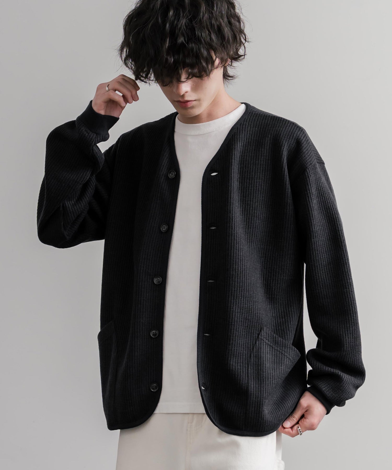 Upscape Audience アップスケープオーディエンス 日本製ウールビックワッフルニットソーノーカラーアーミーカーディガン AUD7290 16471