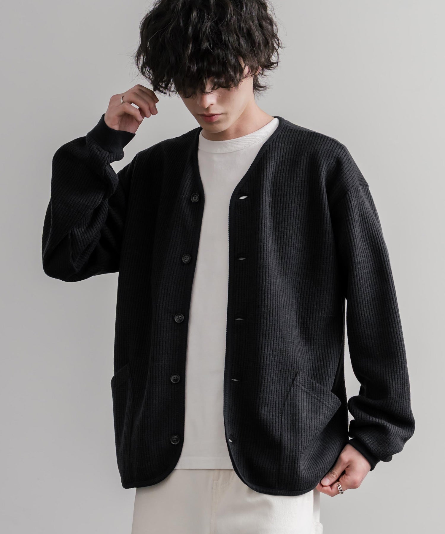 Upscape Audience アップスケープオーディエンス 日本製ウールビックワッフルニットソーノーカラーアーミーカーディガン AUD7290 16471
