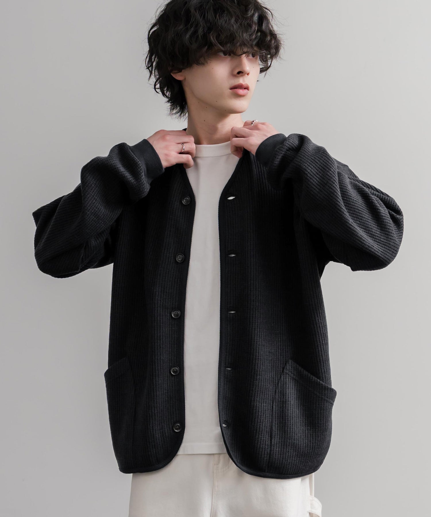 Upscape Audience アップスケープオーディエンス 日本製ウールビックワッフルニットソーノーカラーアーミーカーディガン AUD7290 16471