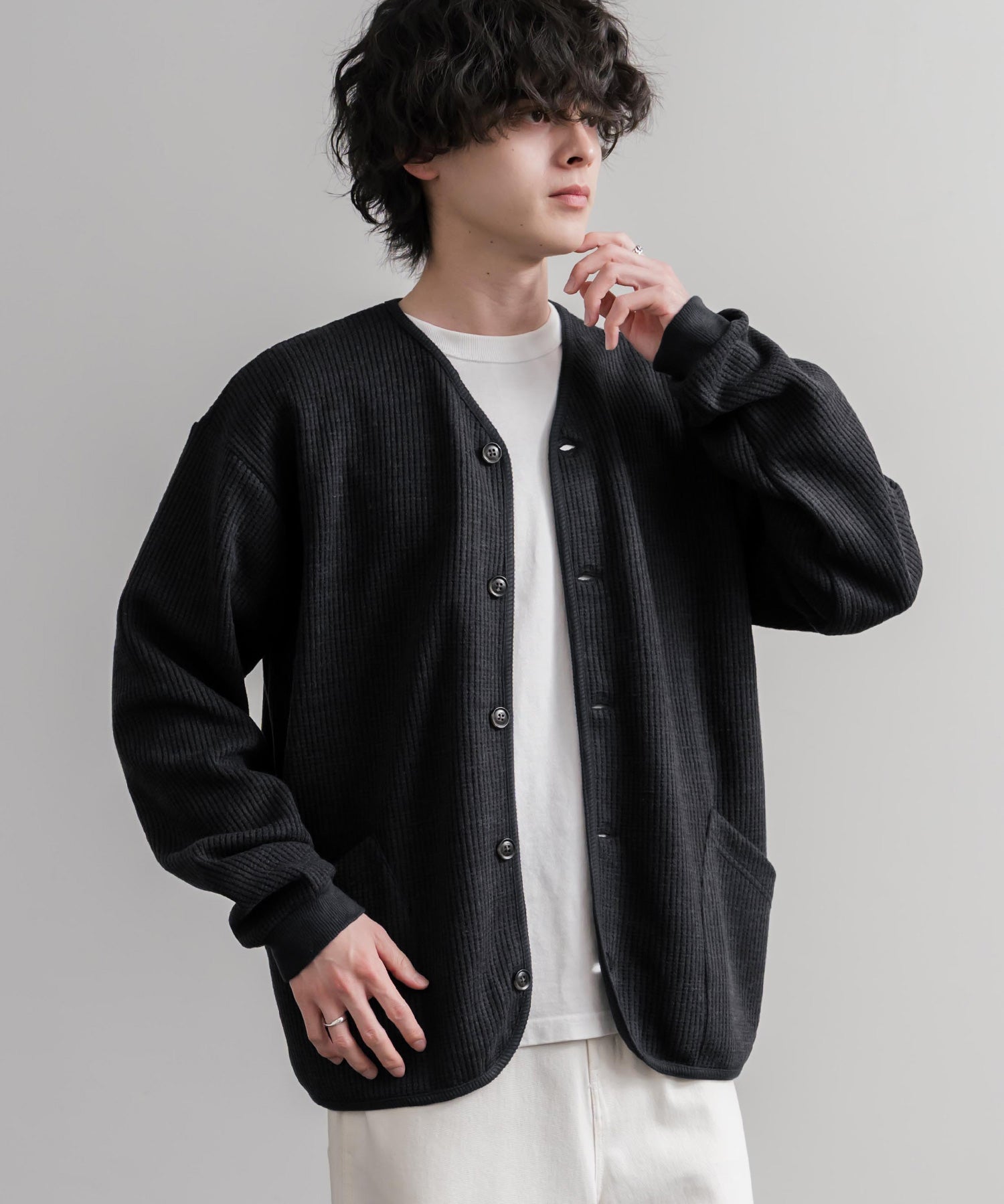 Upscape Audience アップスケープオーディエンス 日本製ウールビックワッフルニットソーノーカラーアーミーカーディガン AUD7290 16471