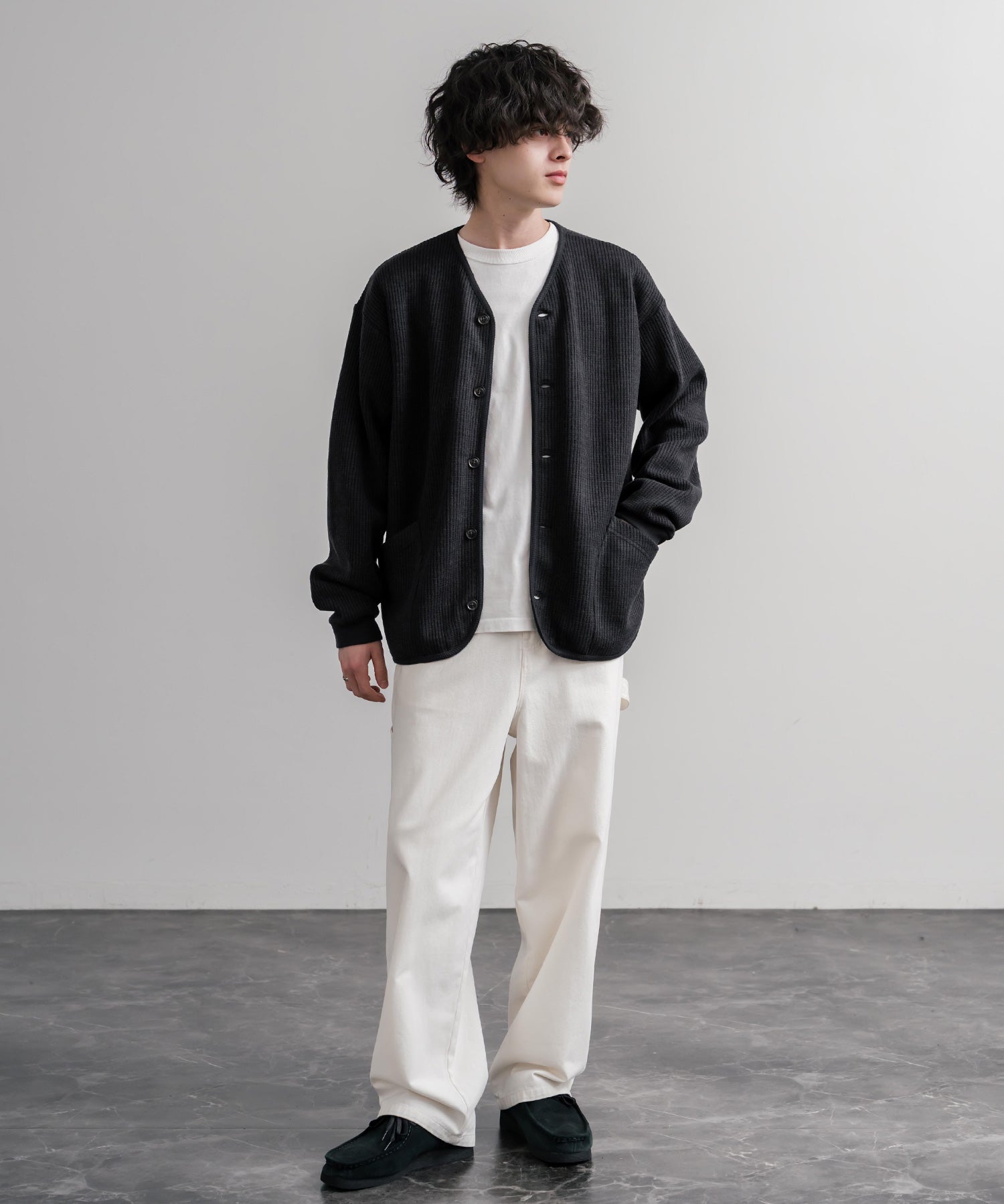 Upscape Audience アップスケープオーディエンス 日本製ウールビックワッフルニットソーノーカラーアーミーカーディガン AUD7290 16471