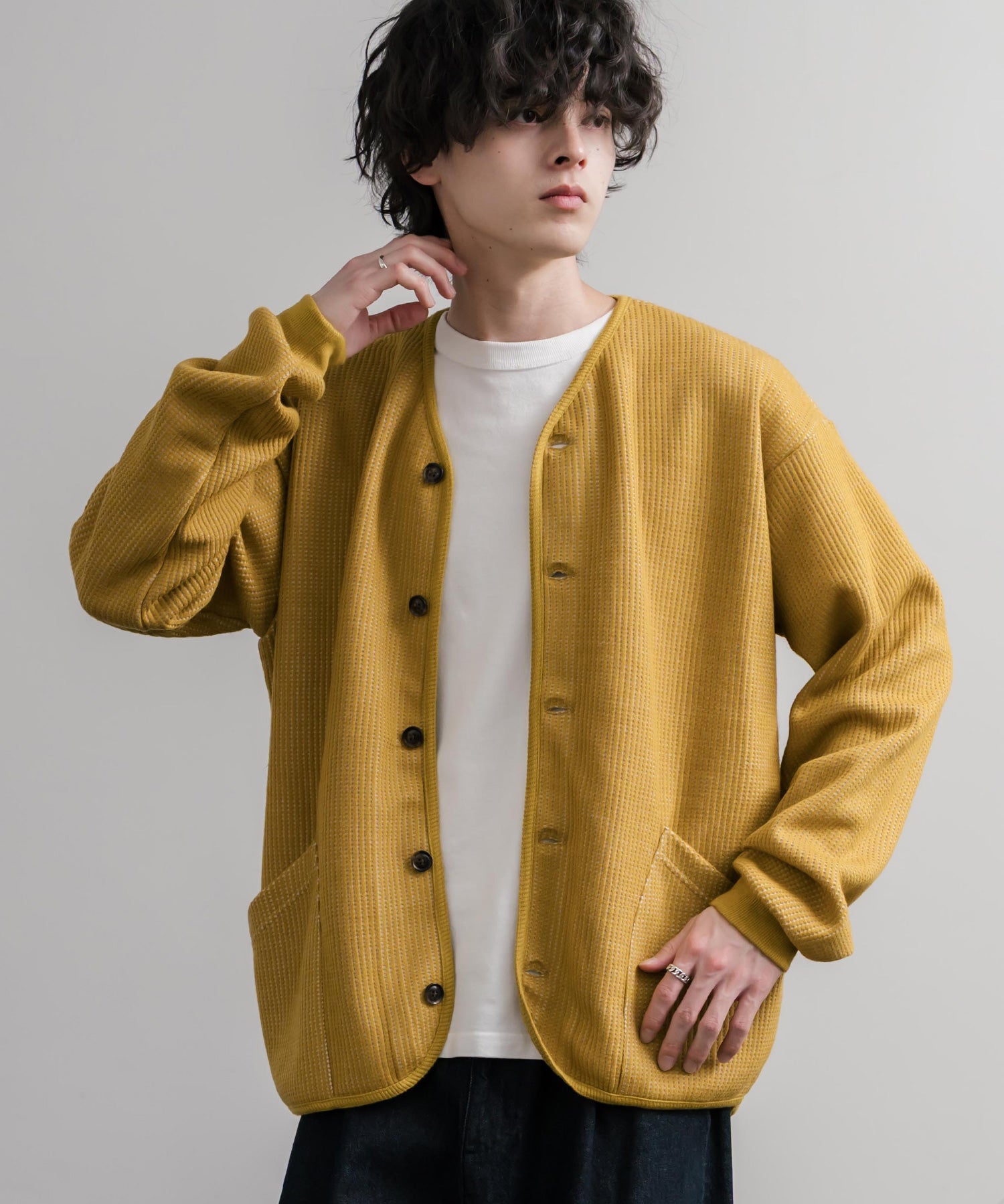 Upscape Audience アップスケープオーディエンス 日本製ウールビックワッフルニットソーノーカラーアーミーカーディガン AUD7290 16471