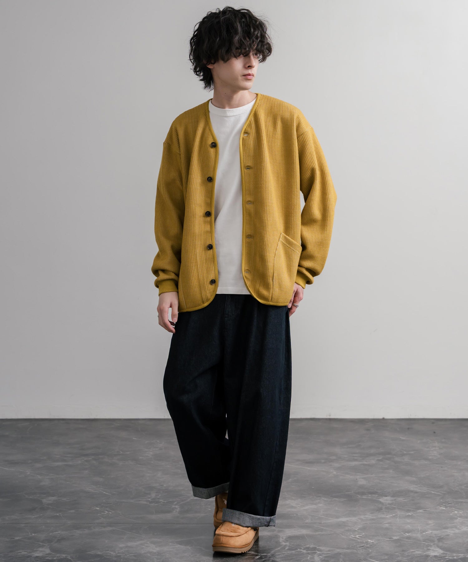 Upscape Audience アップスケープオーディエンス 日本製ウールビックワッフルニットソーノーカラーアーミーカーディガン AUD7290 16471