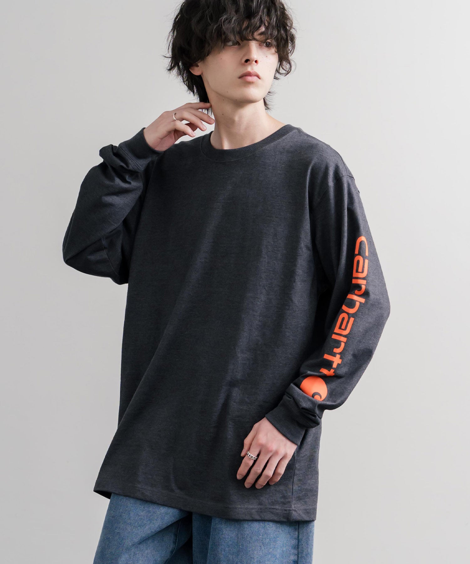 オーバーサイズヘビーウェイト袖ロゴプリント長袖クルーネックTシャツ 16475