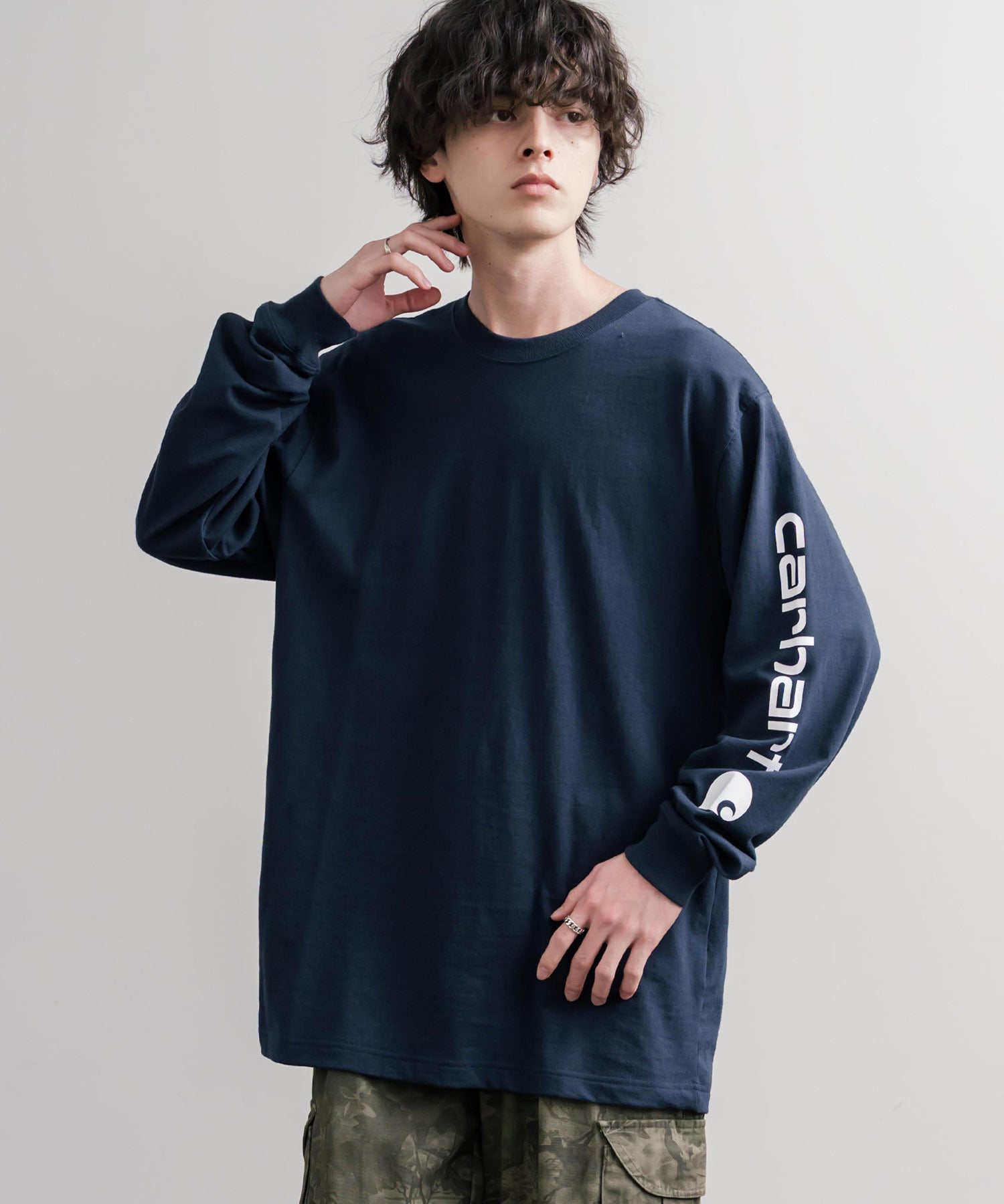 オーバーサイズヘビーウェイト袖ロゴプリント長袖クルーネックTシャツ 16475