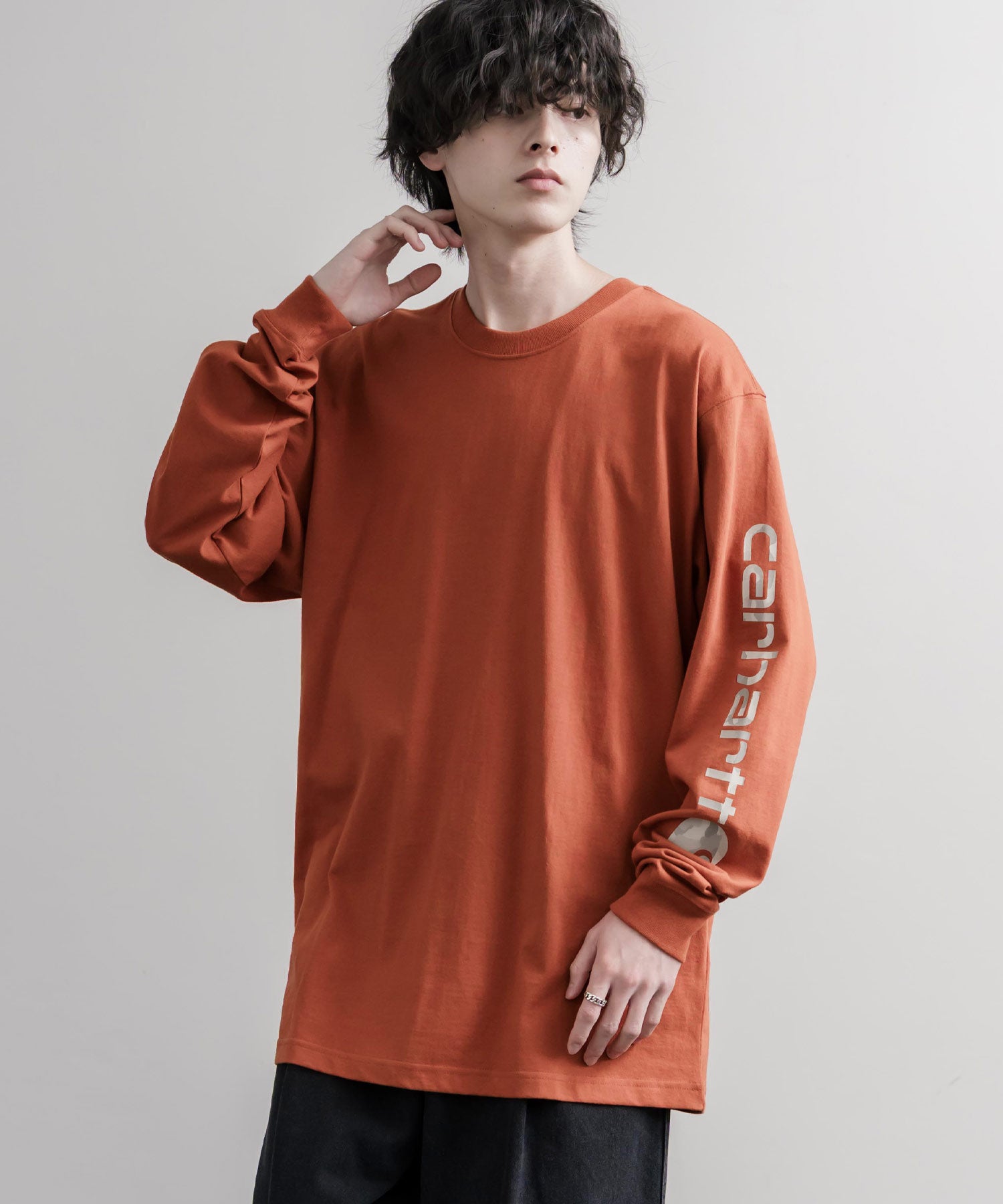 オーバーサイズヘビーウェイト袖ロゴプリント長袖クルーネックTシャツ 16475