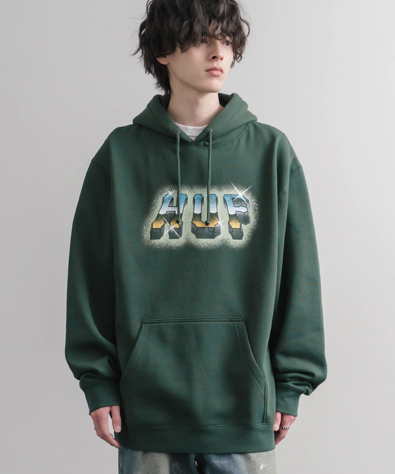 HUF ハフ オーバーサイズ裏起毛プリント刺繍アソート長袖プルオーバーパーカー 16479