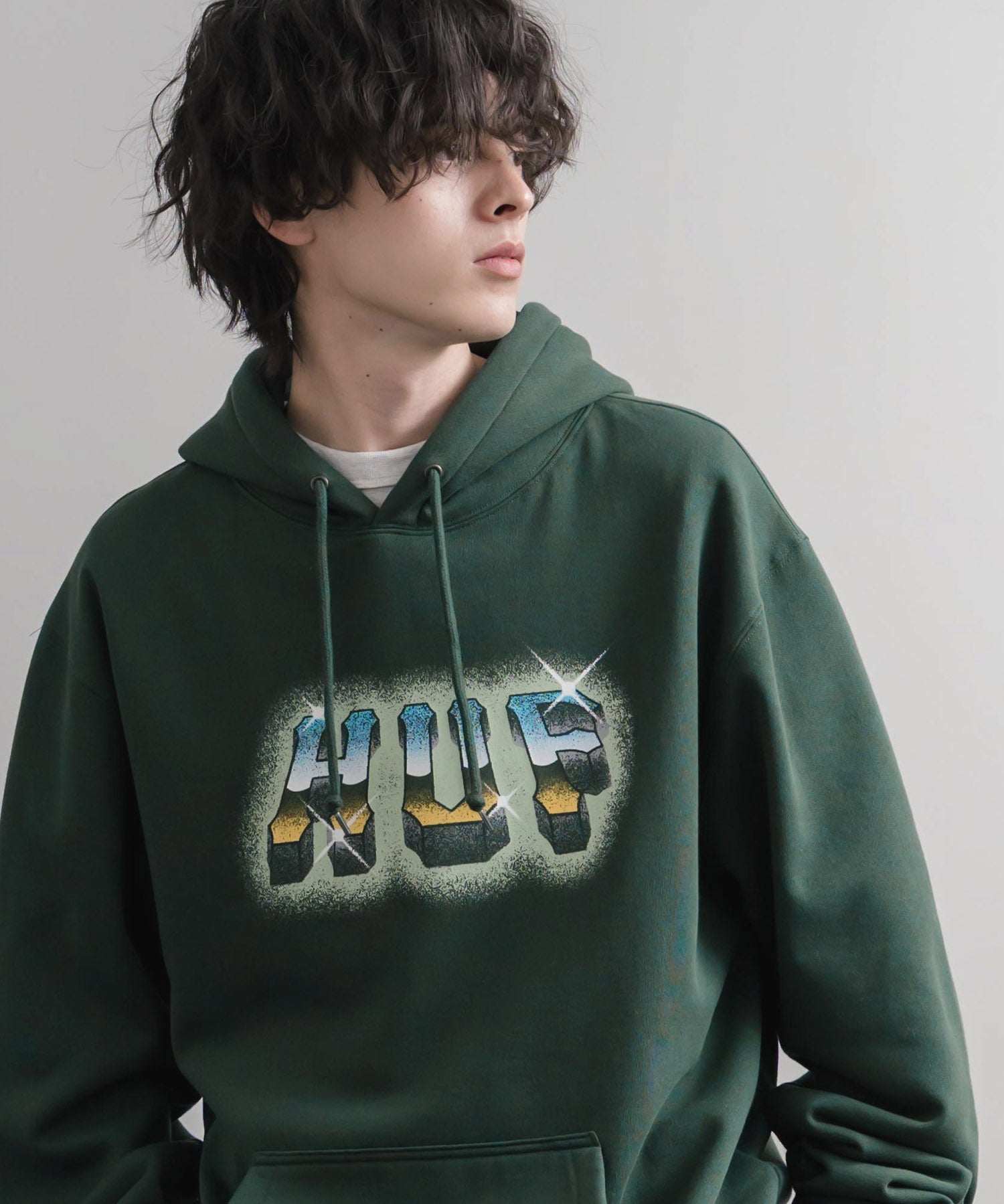 HUF ハフ オーバーサイズ裏起毛プリント刺繍アソート長袖プルオーバーパーカー 16479