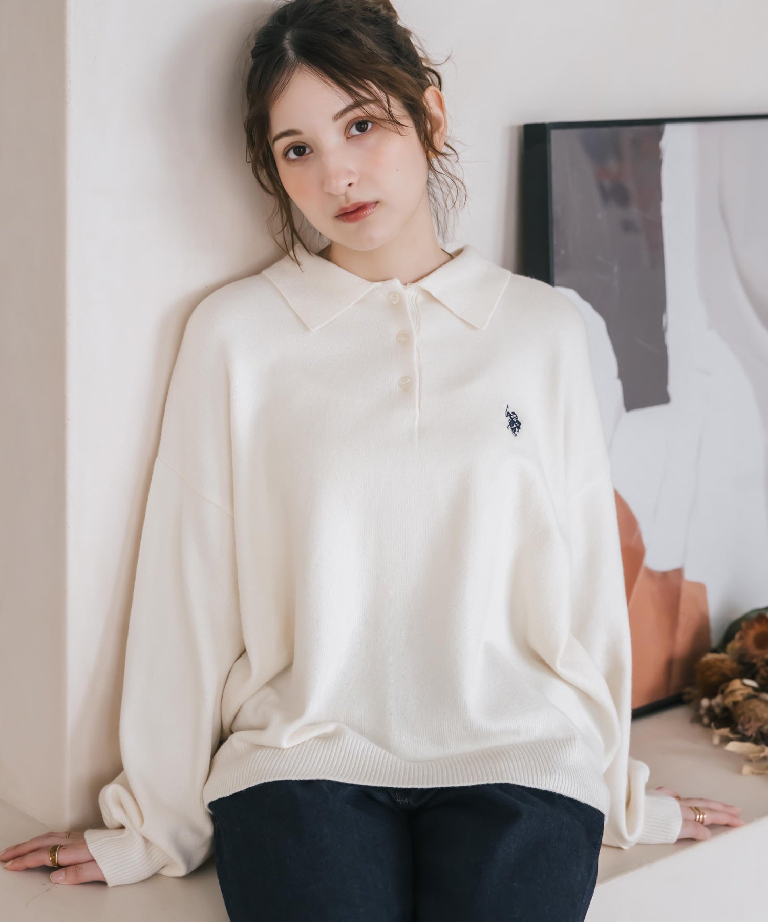 U.S.POLO ASSN. ユーエスポロアッスン ワンポイントロゴ刺繍無地ボーダー長袖JQポロニット 16492