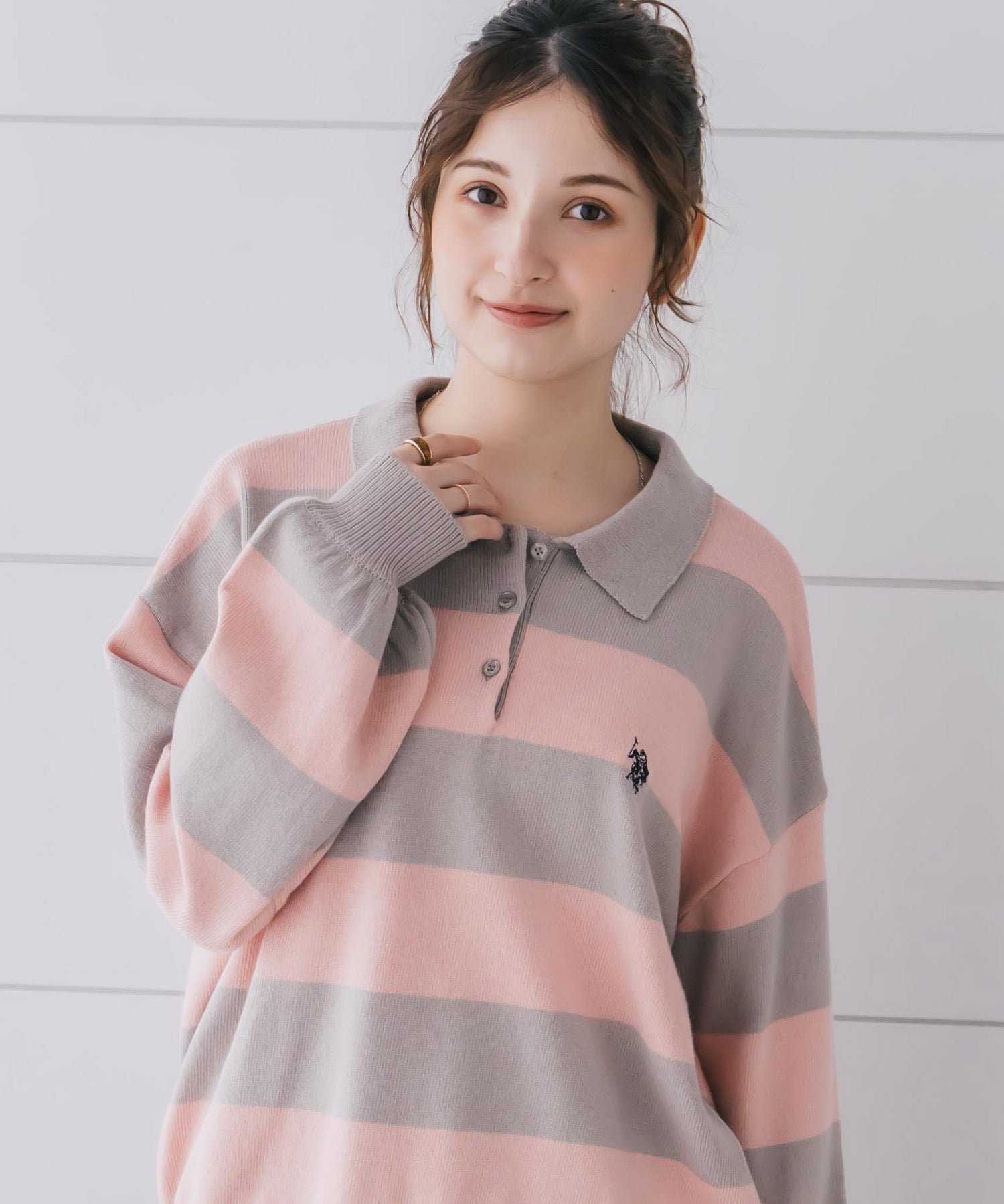 U.S.POLO ASSN. ユーエスポロアッスン ワンポイントロゴ刺繍無地ボーダー長袖JQポロニット 16492