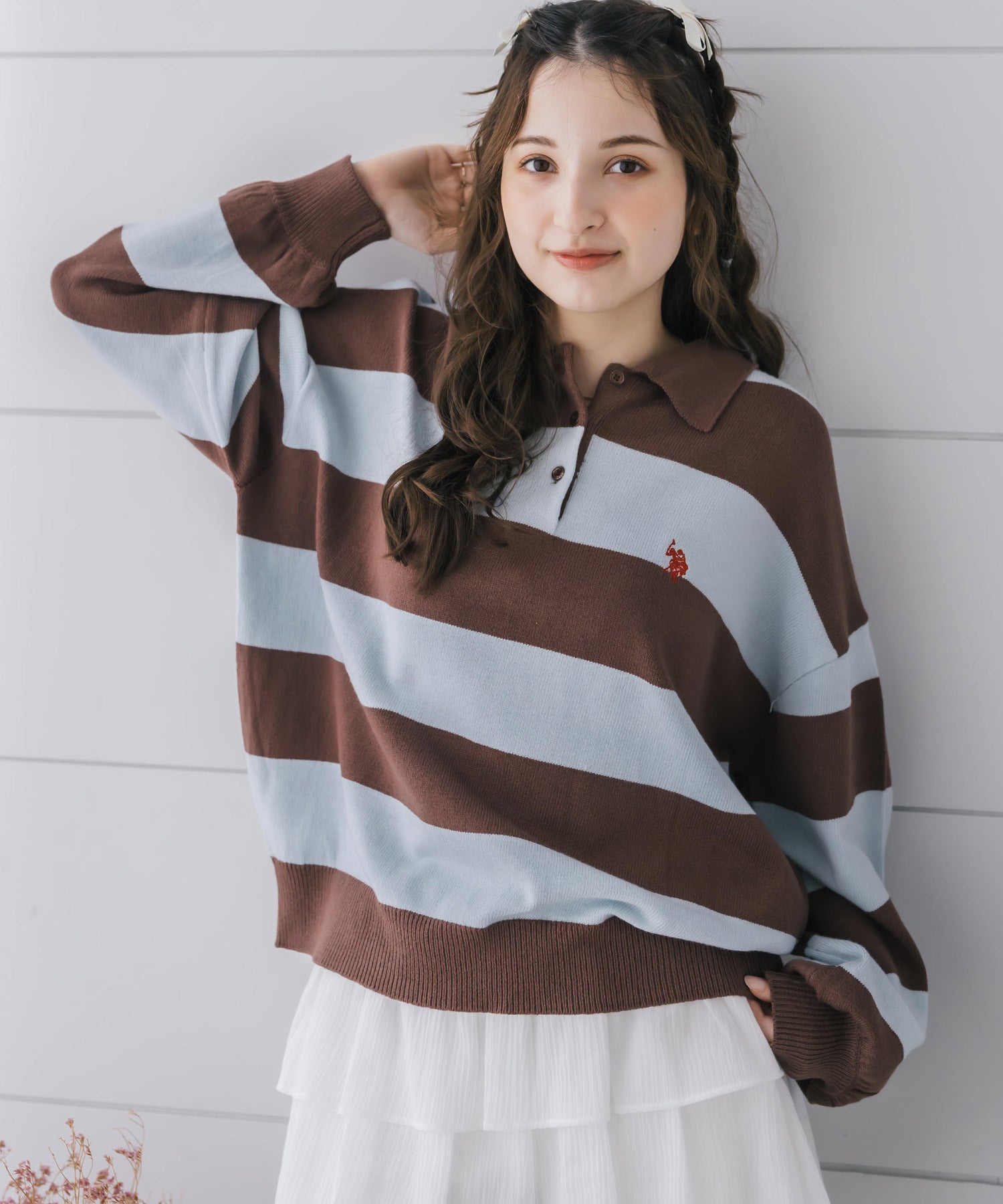 U.S.POLO ASSN. ユーエスポロアッスン ワンポイントロゴ刺繍無地ボーダー長袖JQポロニット 16492