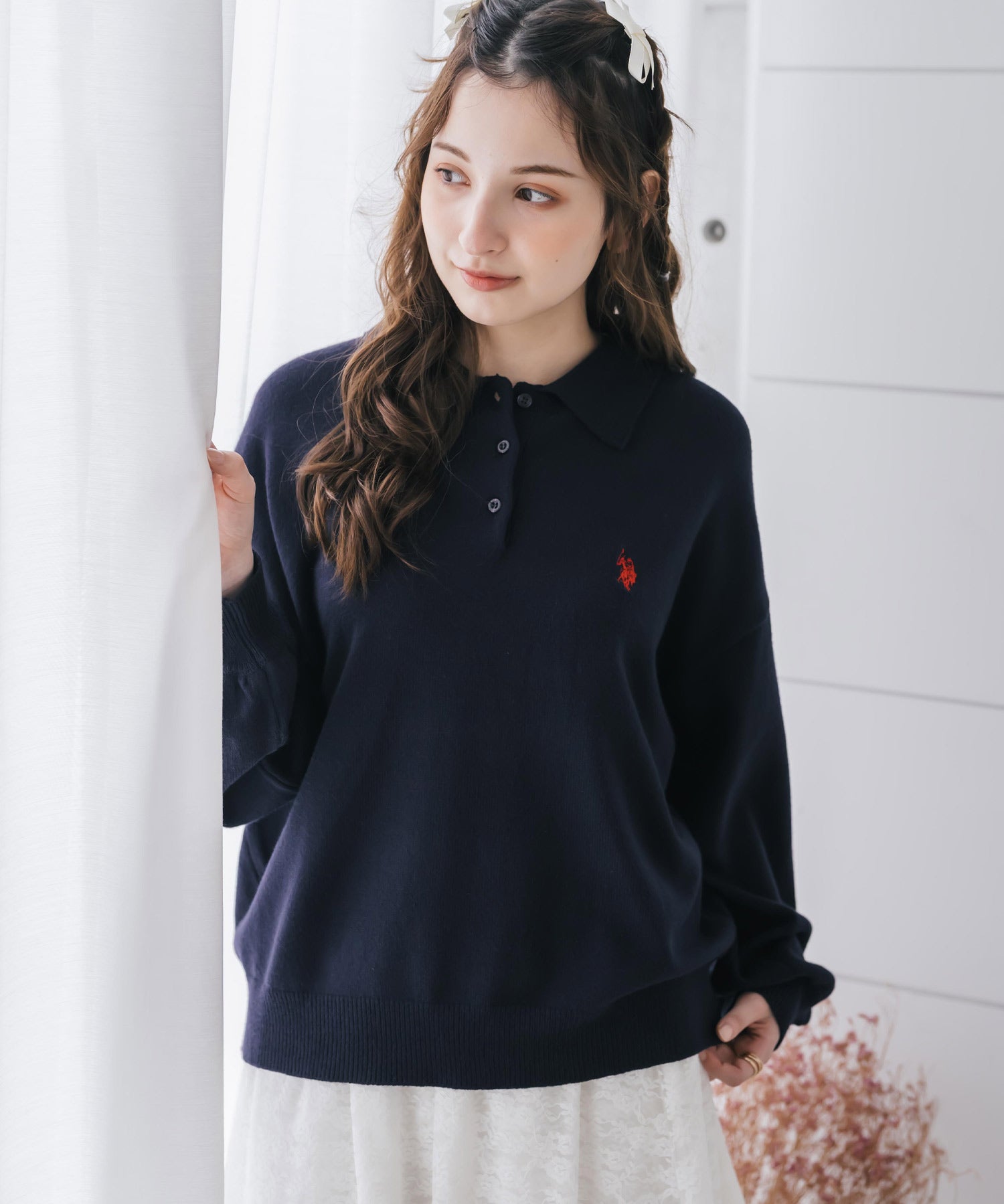 U.S.POLO ASSN. ユーエスポロアッスン ワンポイントロゴ刺繍無地ボーダー長袖JQポロニット 16492