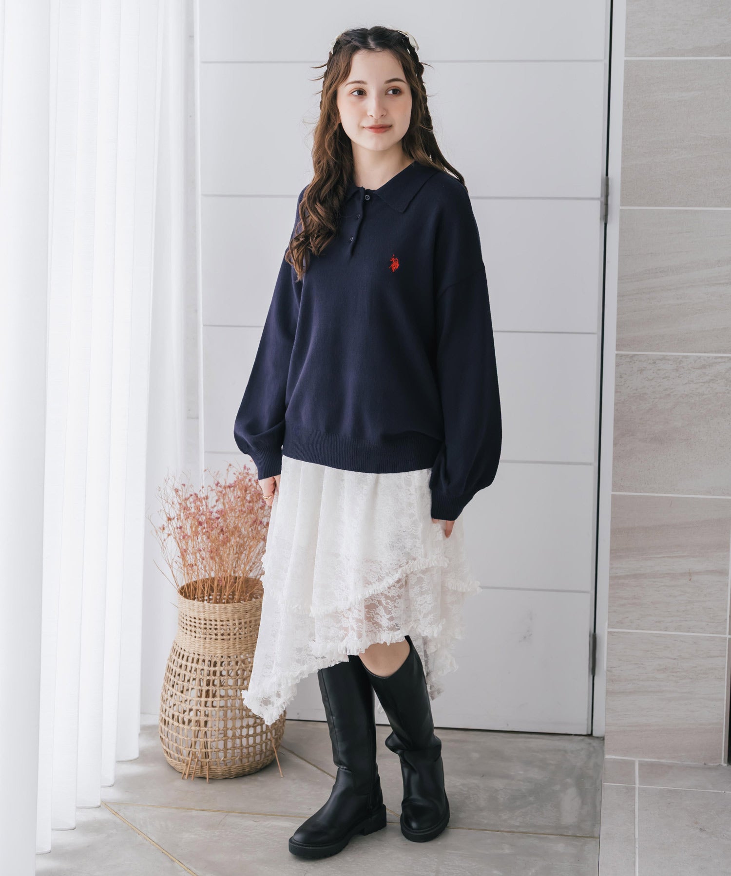 U.S.POLO ASSN. ユーエスポロアッスン ワンポイントロゴ刺繍無地ボーダー長袖JQポロニット 16492