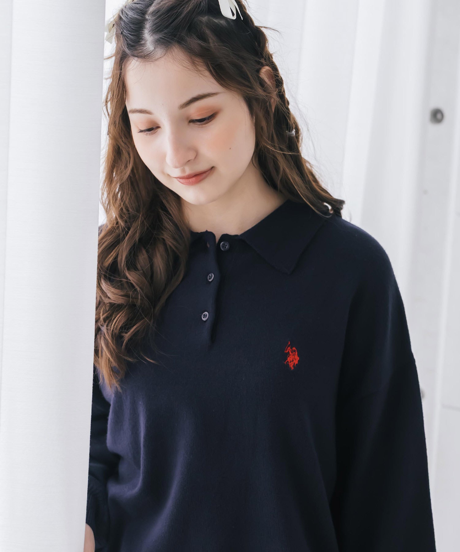 U.S.POLO ASSN. ユーエスポロアッスン ワンポイントロゴ刺繍無地ボーダー長袖JQポロニット 16492