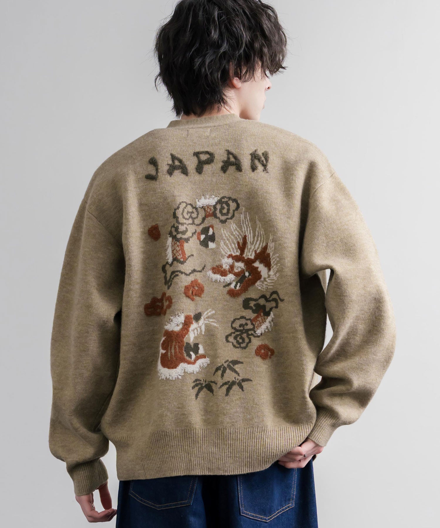 KRIFF MAYER クリフメイヤー オーバーサイズ龍虎刺繍もちのびV長袖ネックニットカーディガン 2623100 16539