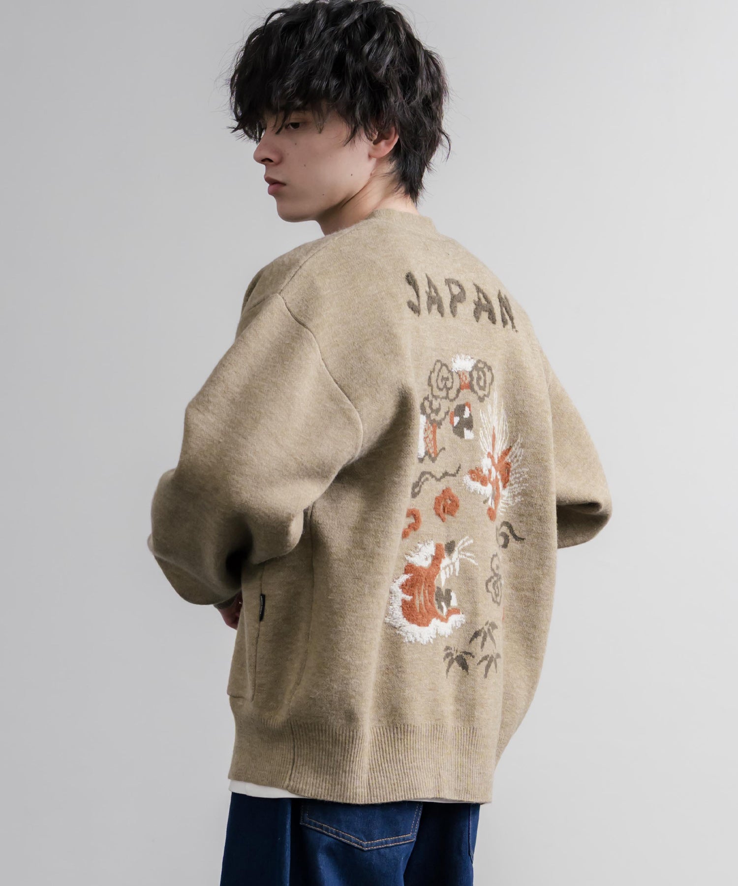 KRIFF MAYER クリフメイヤー オーバーサイズ龍虎刺繍もちのびV長袖ネックニットカーディガン 2623100 16539