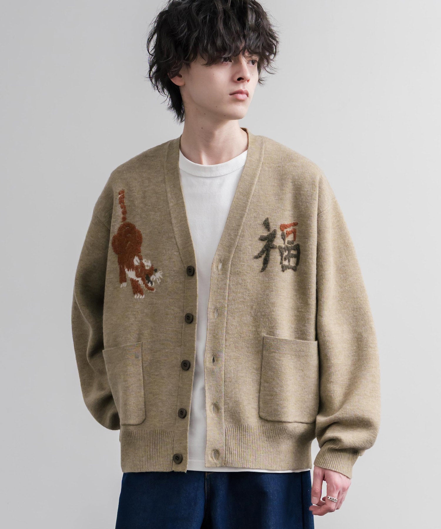 KRIFF MAYER クリフメイヤー オーバーサイズ龍虎刺繍もちのびV長袖ネックニットカーディガン 2623100 16539