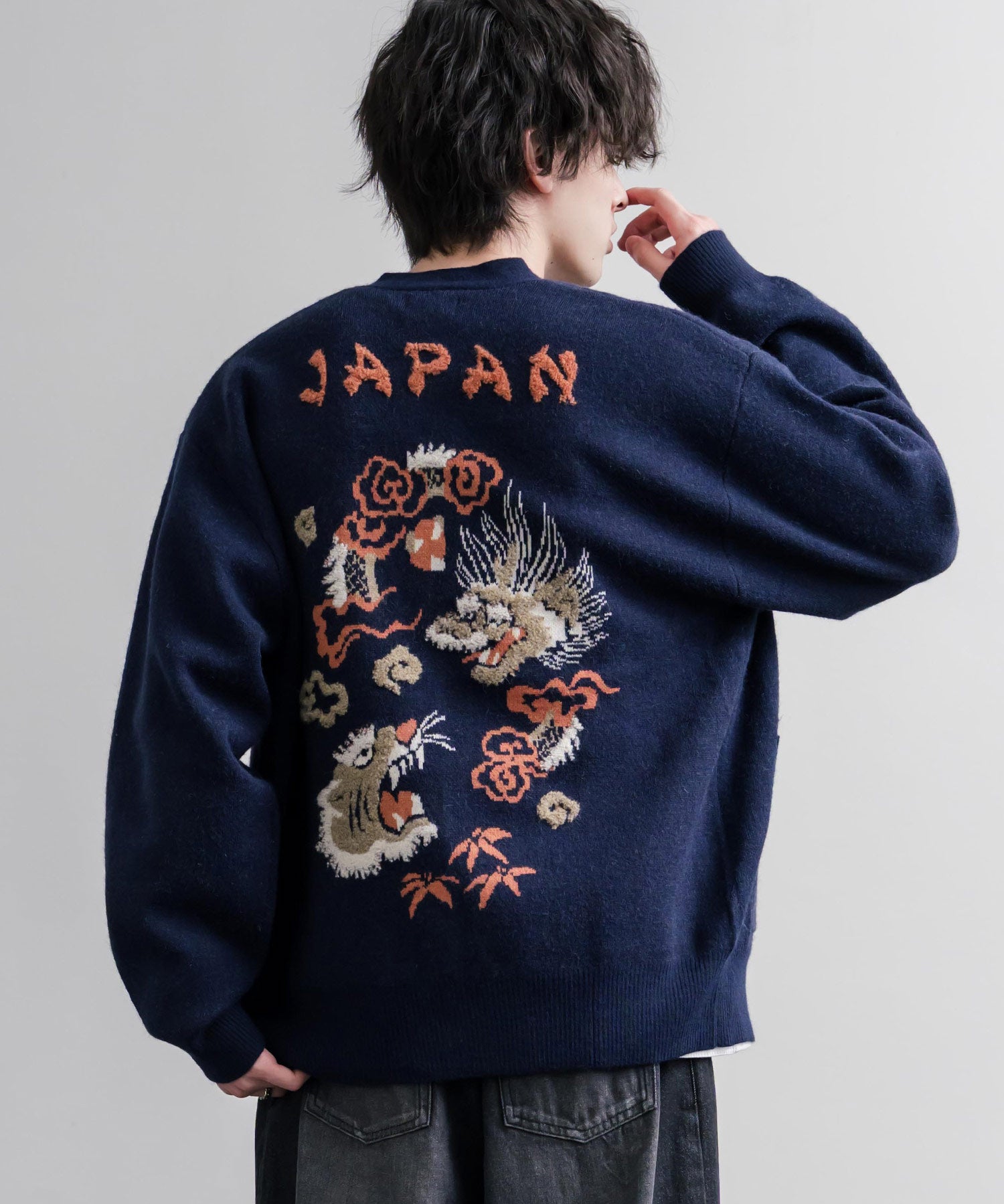 KRIFF MAYER クリフメイヤー オーバーサイズ龍虎刺繍もちのびV長袖ネックニットカーディガン 2623100 16539