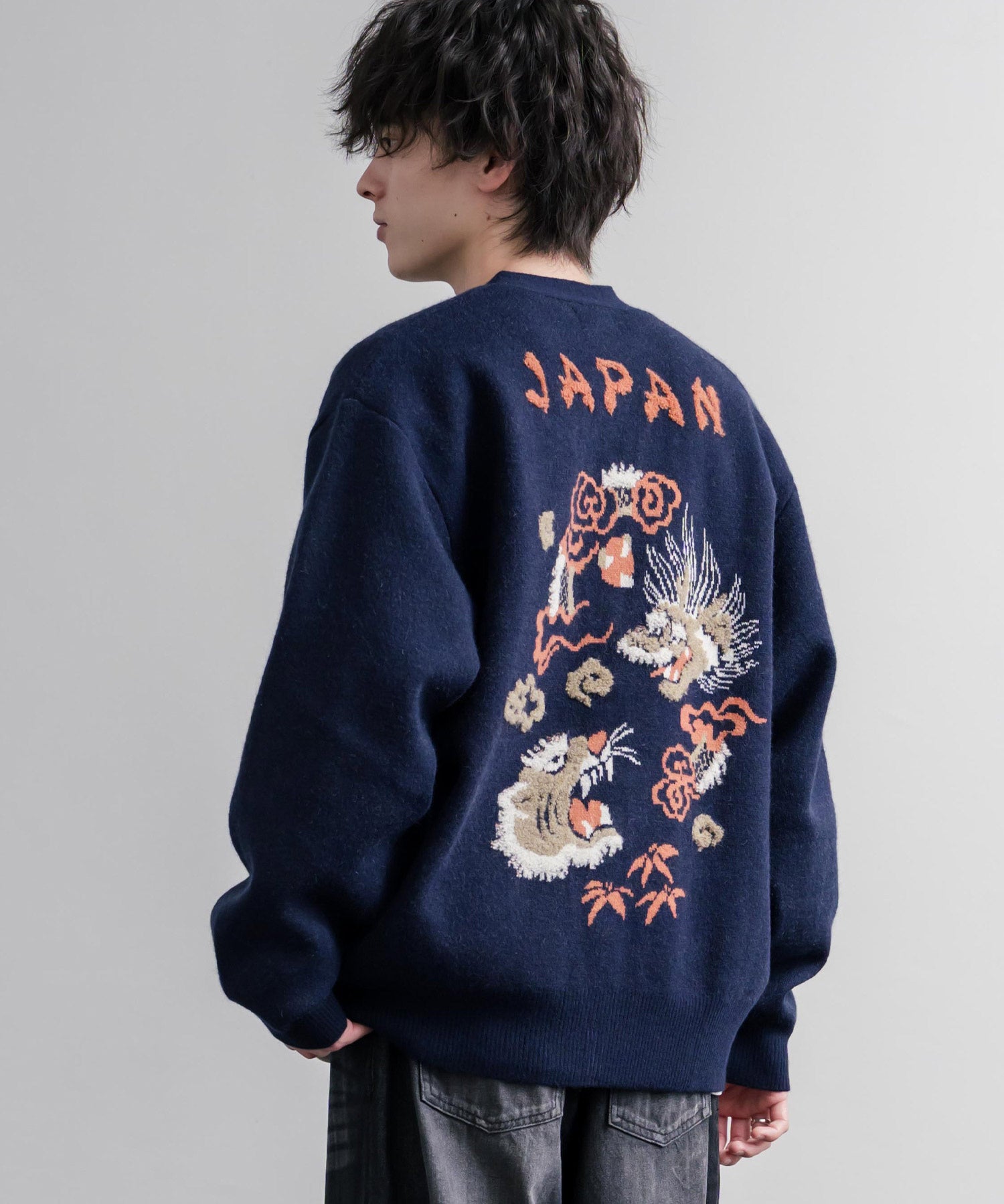 KRIFF MAYER クリフメイヤー オーバーサイズ龍虎刺繍もちのびV長袖ネックニットカーディガン 2623100 16539