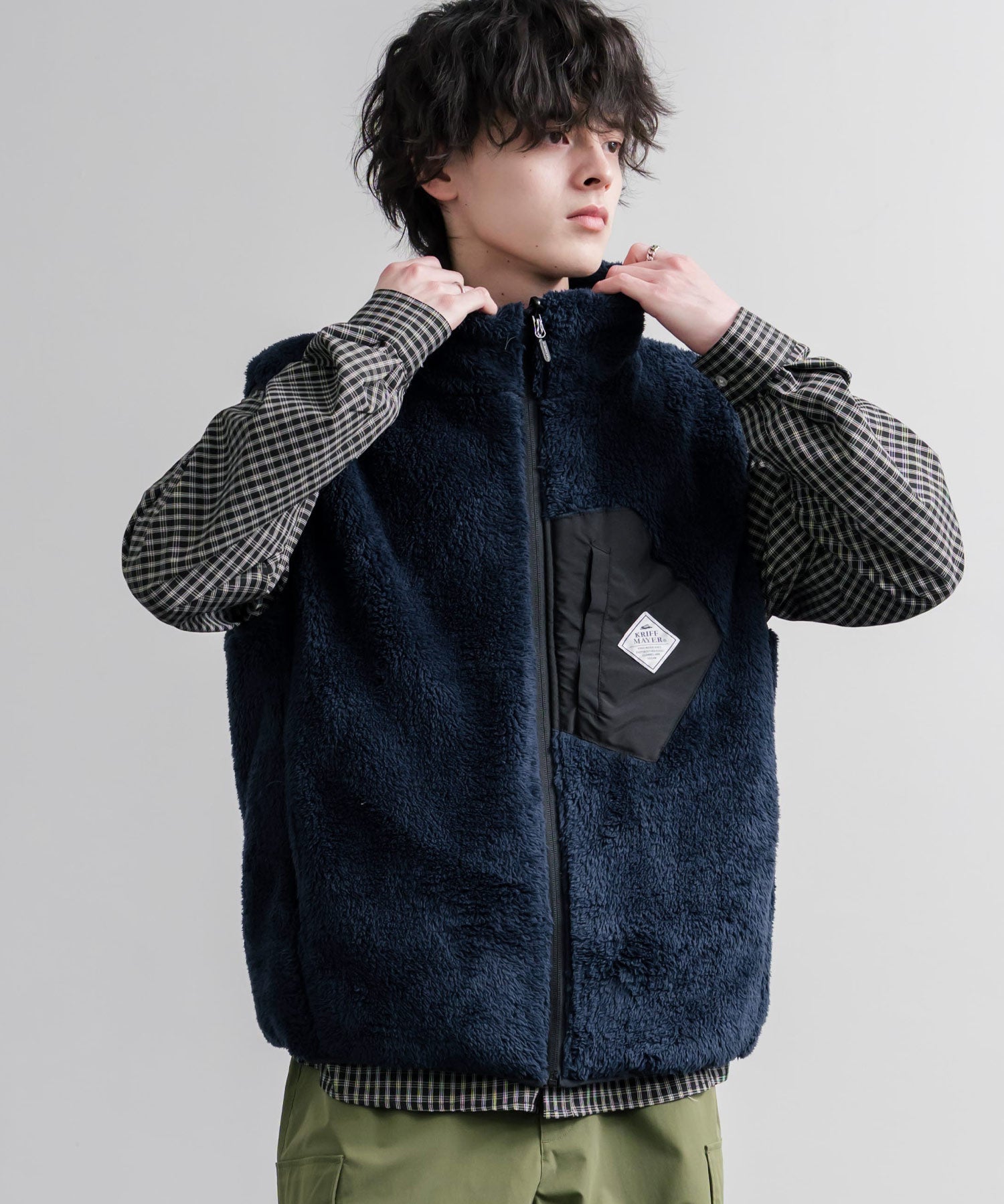 KRIFF MAYER クリフメイヤー 2WAYリバーシブル ひっくりスタンドネックボアベスト/ ワンポイントロゴ刺繍入りジップアップフリースベスト 2612800 16549