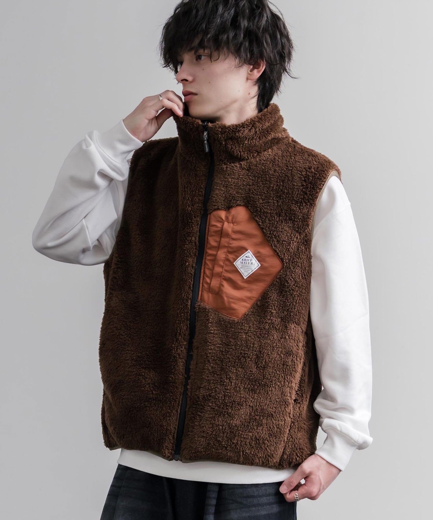 KRIFF MAYER クリフメイヤー 2WAYリバーシブル ひっくりスタンドネックボアベスト/ ワンポイントロゴ刺繍入りジップアップフリースベスト 2612800 16549