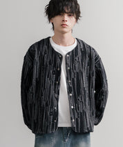 Upscape Audience アップスケープオーディエンス 日本製 国産 尾州 幾何柄コットンキルトフィンガーホール付きノーカラースナップボタンジャケット AUD7408 16552