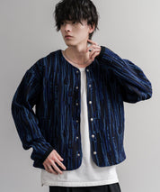 Upscape Audience アップスケープオーディエンス 日本製 国産 尾州 幾何柄コットンキルトフィンガーホール付きノーカラースナップボタンジャケット AUD7408 16552