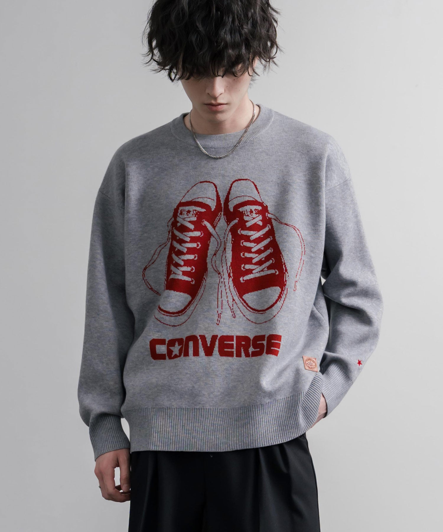 CONVERSE コンバース オーバーサイズダブルジャガードシューズロゴクルーネック長袖ニットセーター 16560