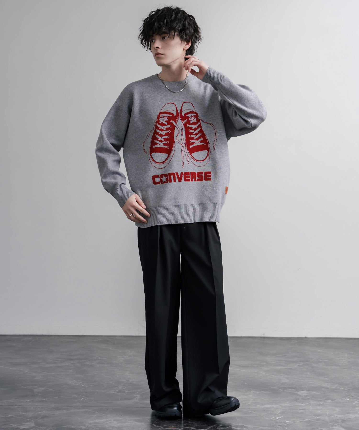 CONVERSE コンバース オーバーサイズダブルジャガードシューズロゴクルーネック長袖ニットセーター 16560