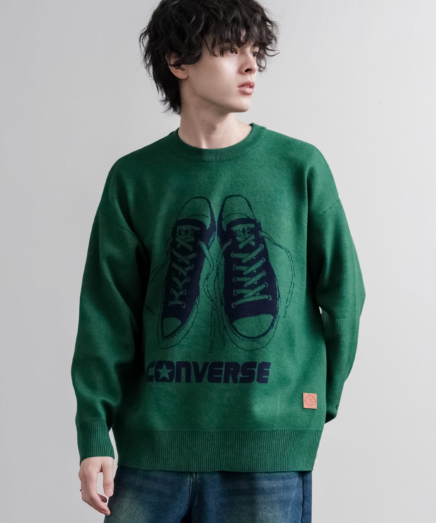 CONVERSE コンバース オーバーサイズダブルジャガードシューズロゴクルーネック長袖ニットセーター 16560