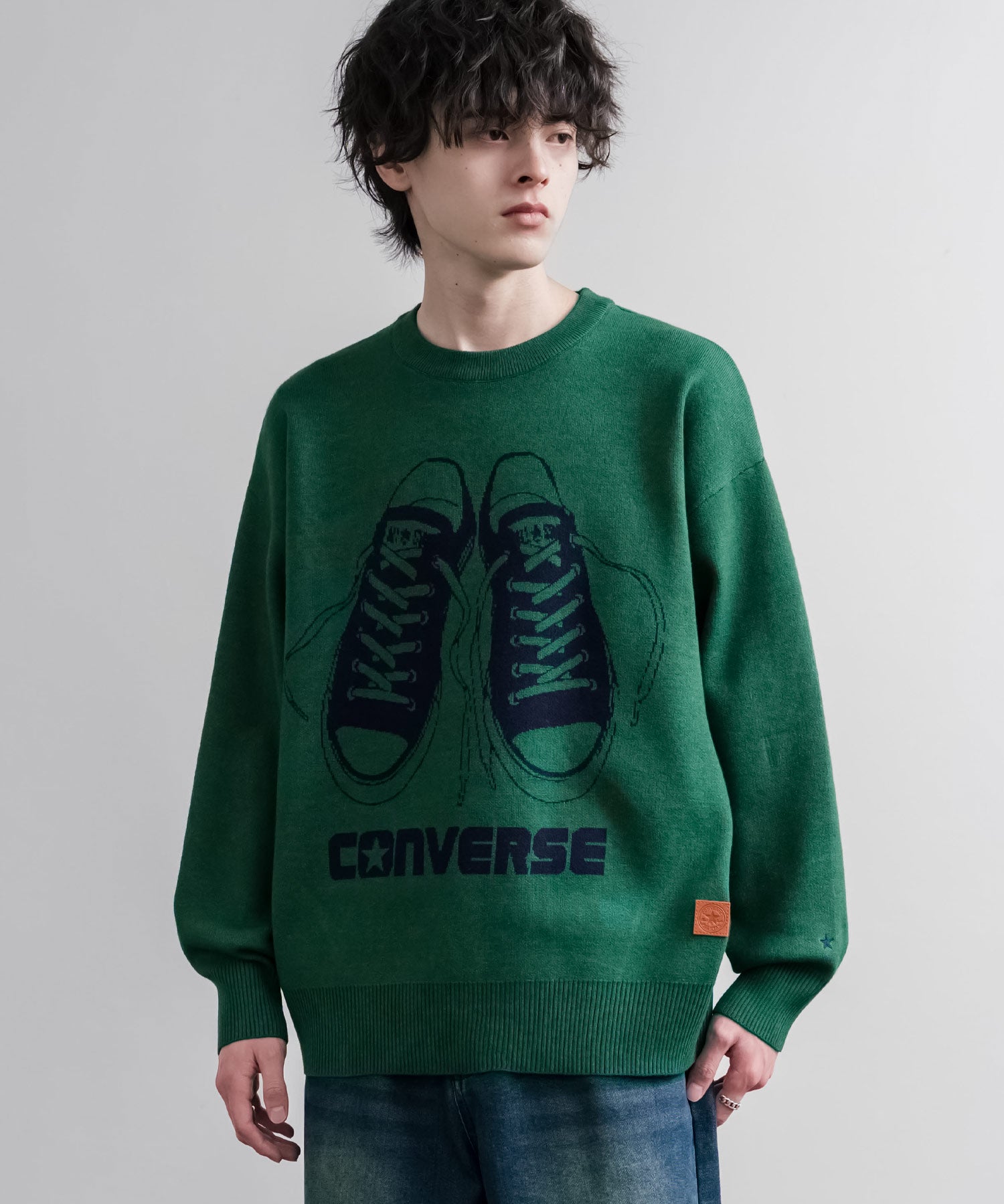 CONVERSE コンバース オーバーサイズダブルジャガードシューズロゴクルーネック長袖ニットセーター 16560