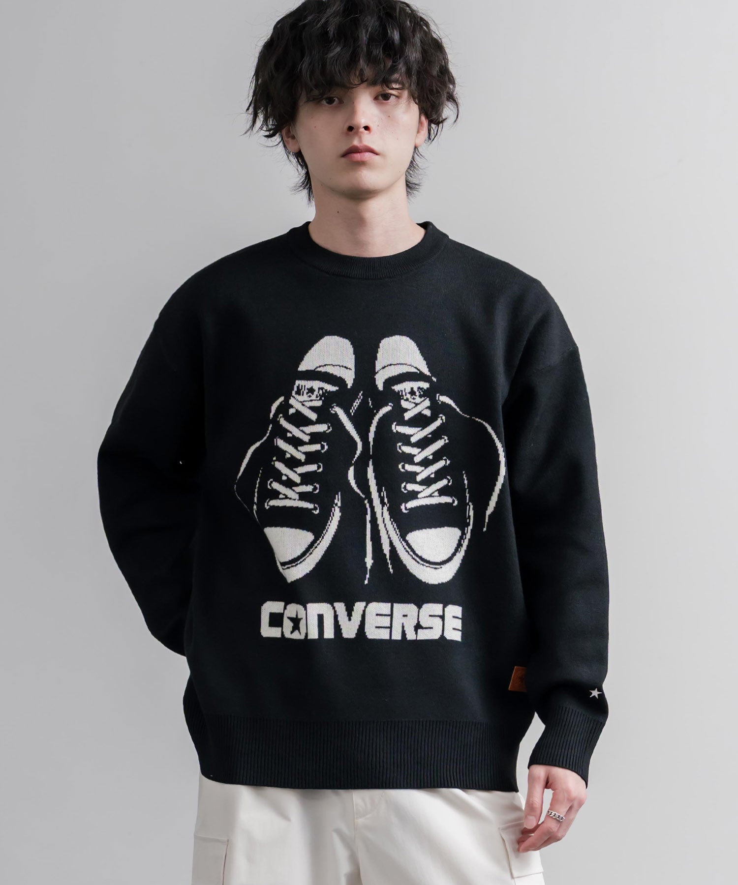 CONVERSE コンバース オーバーサイズダブルジャガードシューズロゴクルーネック長袖ニットセーター 16560