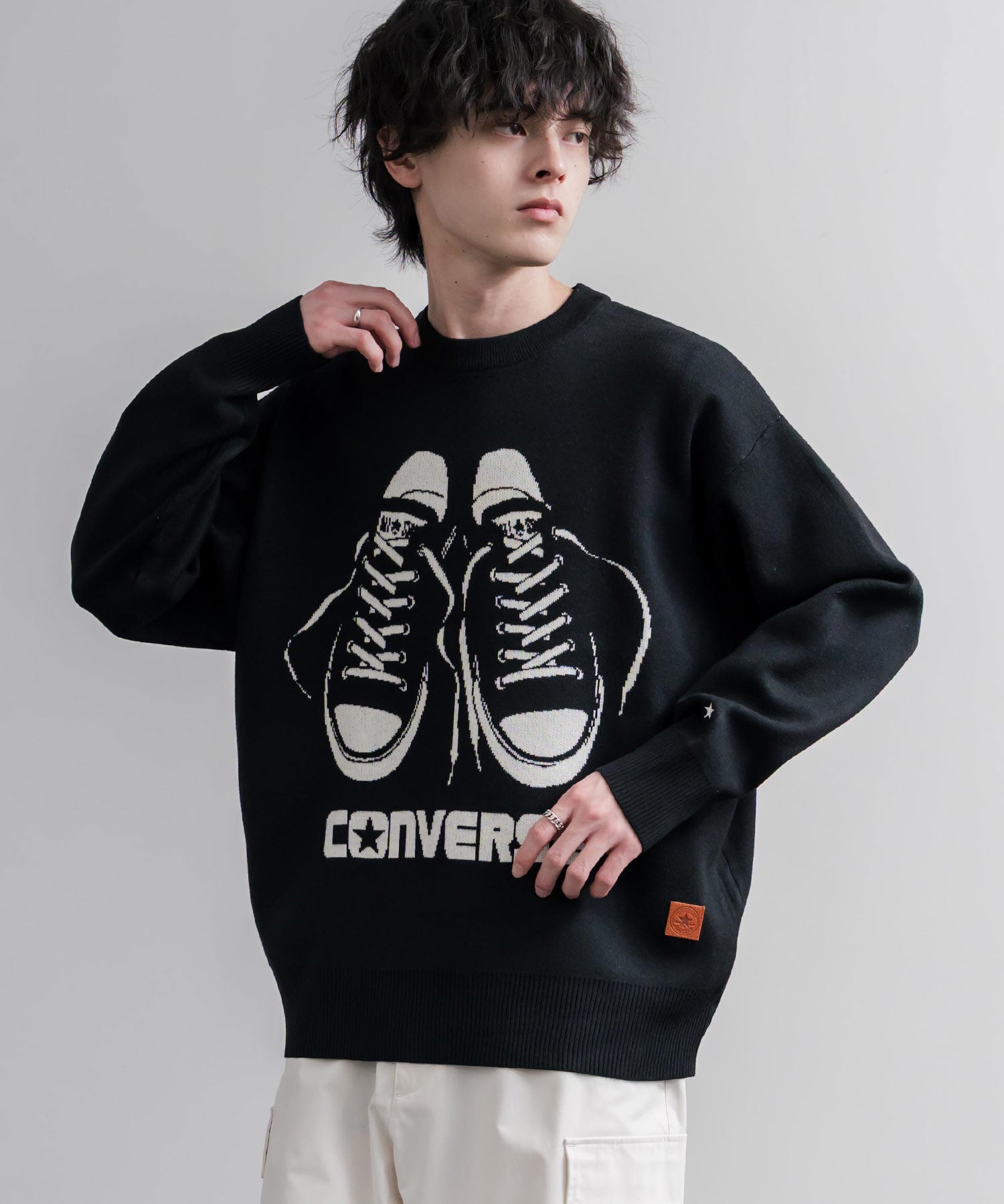 CONVERSE コンバース オーバーサイズダブルジャガードシューズロゴクルーネック長袖ニットセーター 16560