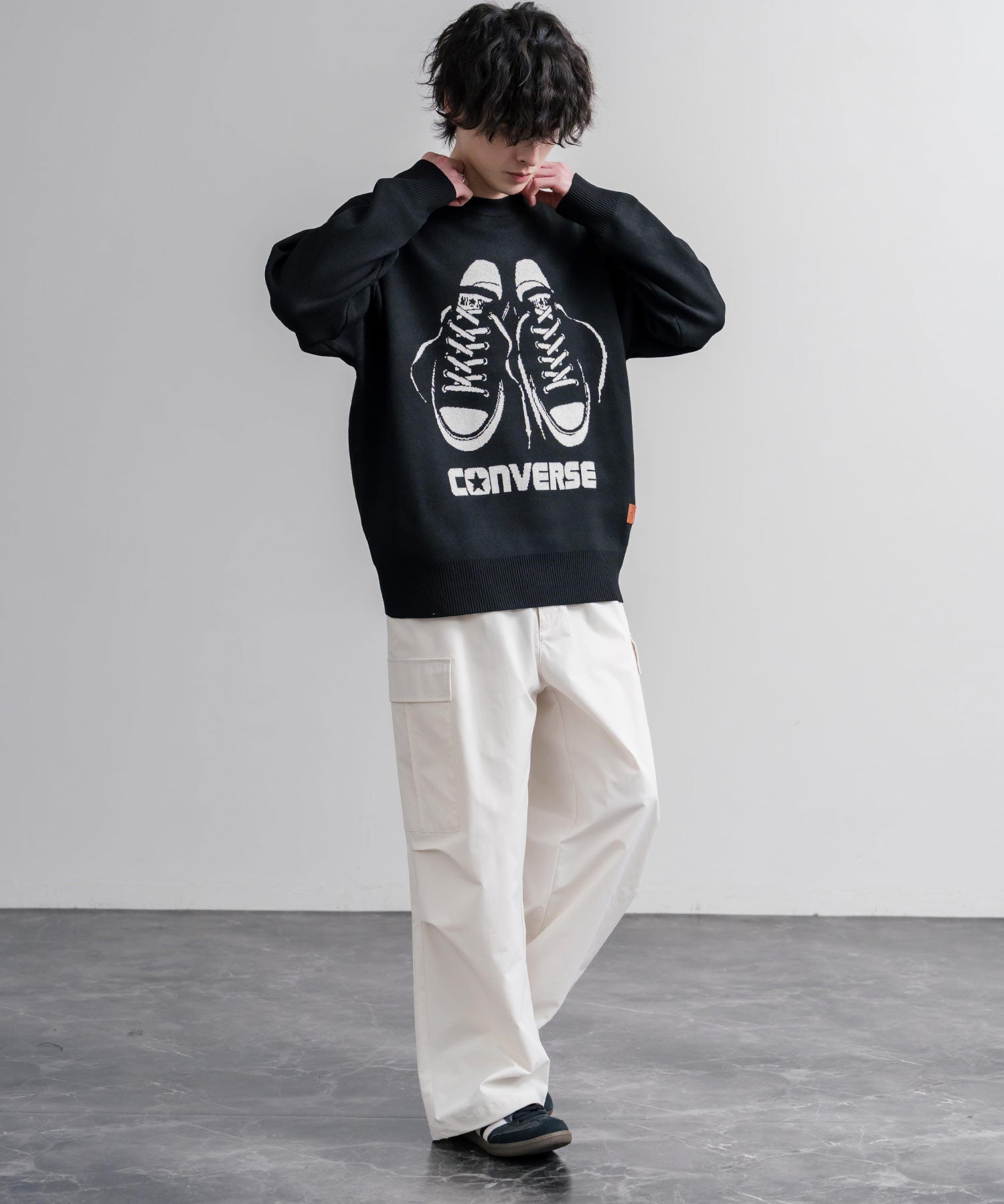CONVERSE コンバース オーバーサイズダブルジャガードシューズロゴクルーネック長袖ニットセーター 16560