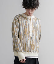 Upscape Audience アップスケープオーディエンス 日本製 国産「尾州」マルチカラーストライプ幾何柄コットンキルトフィンガーホール付き布帛ヘンリーネックスウェットトレーナー/中綿キルトジャガードニット AUD6742 16566