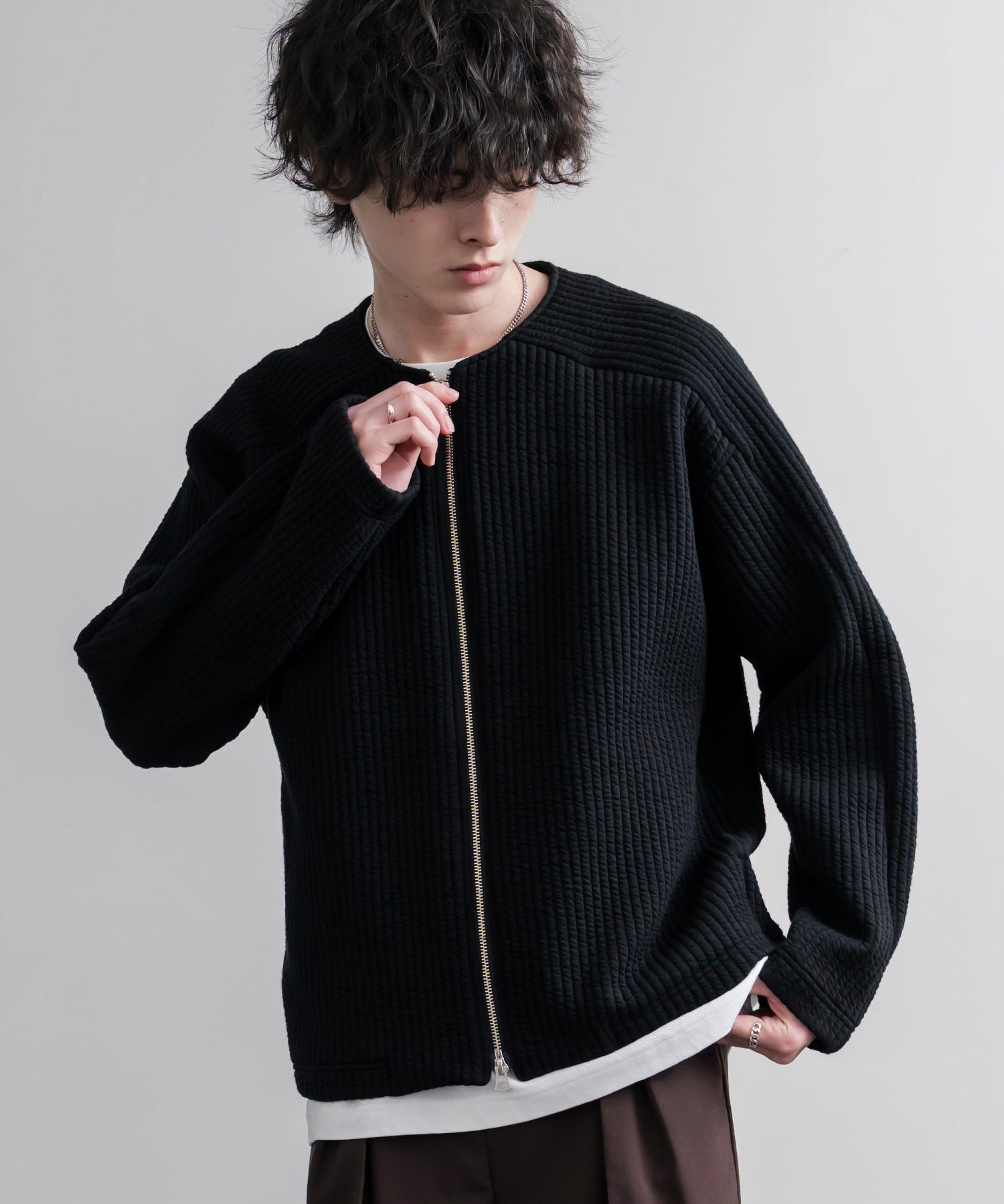 Upscape Audience アップスケープオーディエンス 日本製 国産 尾州コットンキルトノーカラーダブルジップジャケット AUD7411 16568