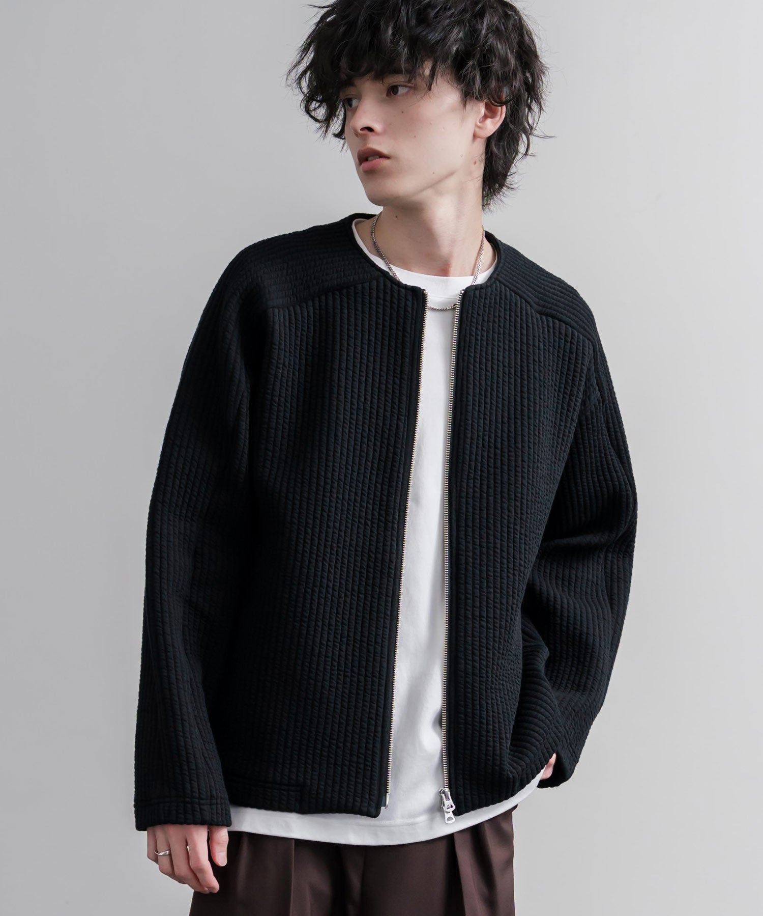 Upscape Audience アップスケープオーディエンス 日本製 国産 尾州コットンキルトノーカラーダブルジップジャケット AUD7411 16568