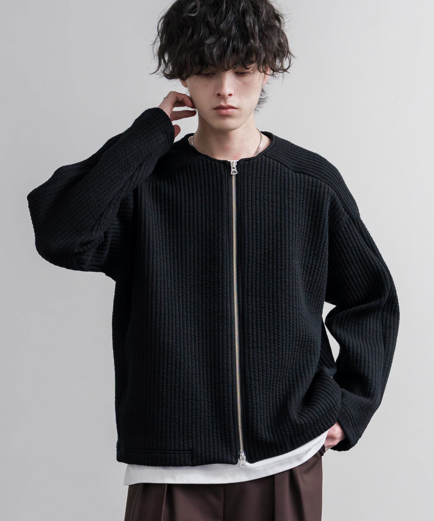 Upscape Audience アップスケープオーディエンス 日本製 国産 尾州コットンキルトノーカラーダブルジップジャケット AUD7411 16568