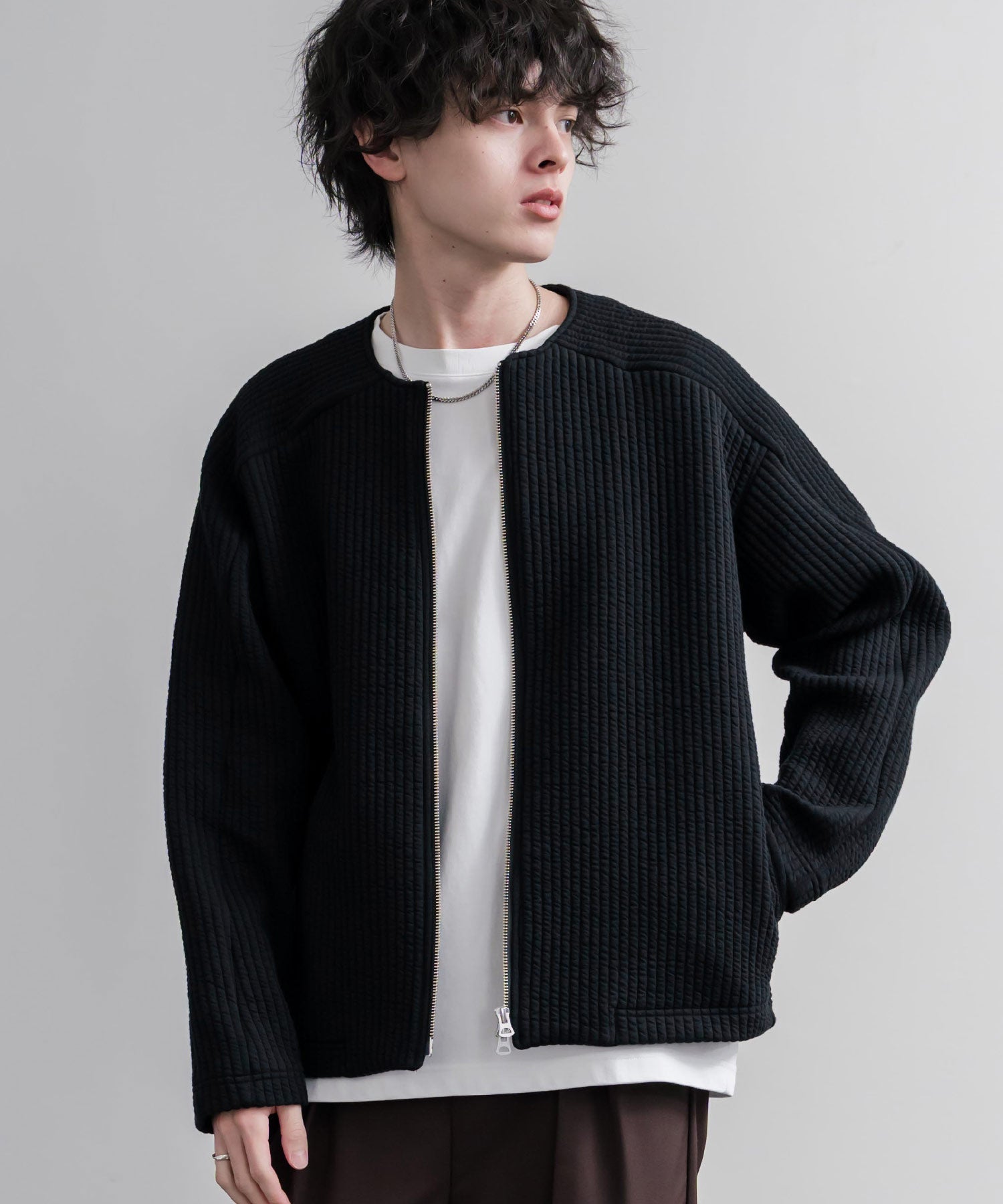 Upscape Audience アップスケープオーディエンス 日本製 国産 尾州コットンキルトノーカラーダブルジップジャケット AUD7411 16568