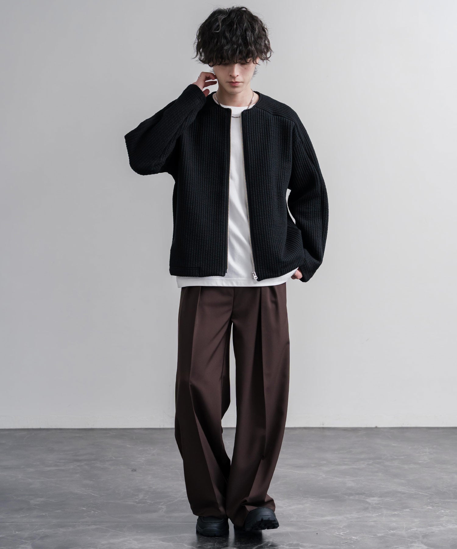 Upscape Audience アップスケープオーディエンス 日本製 国産 尾州コットンキルトノーカラーダブルジップジャケット AUD7411 16568