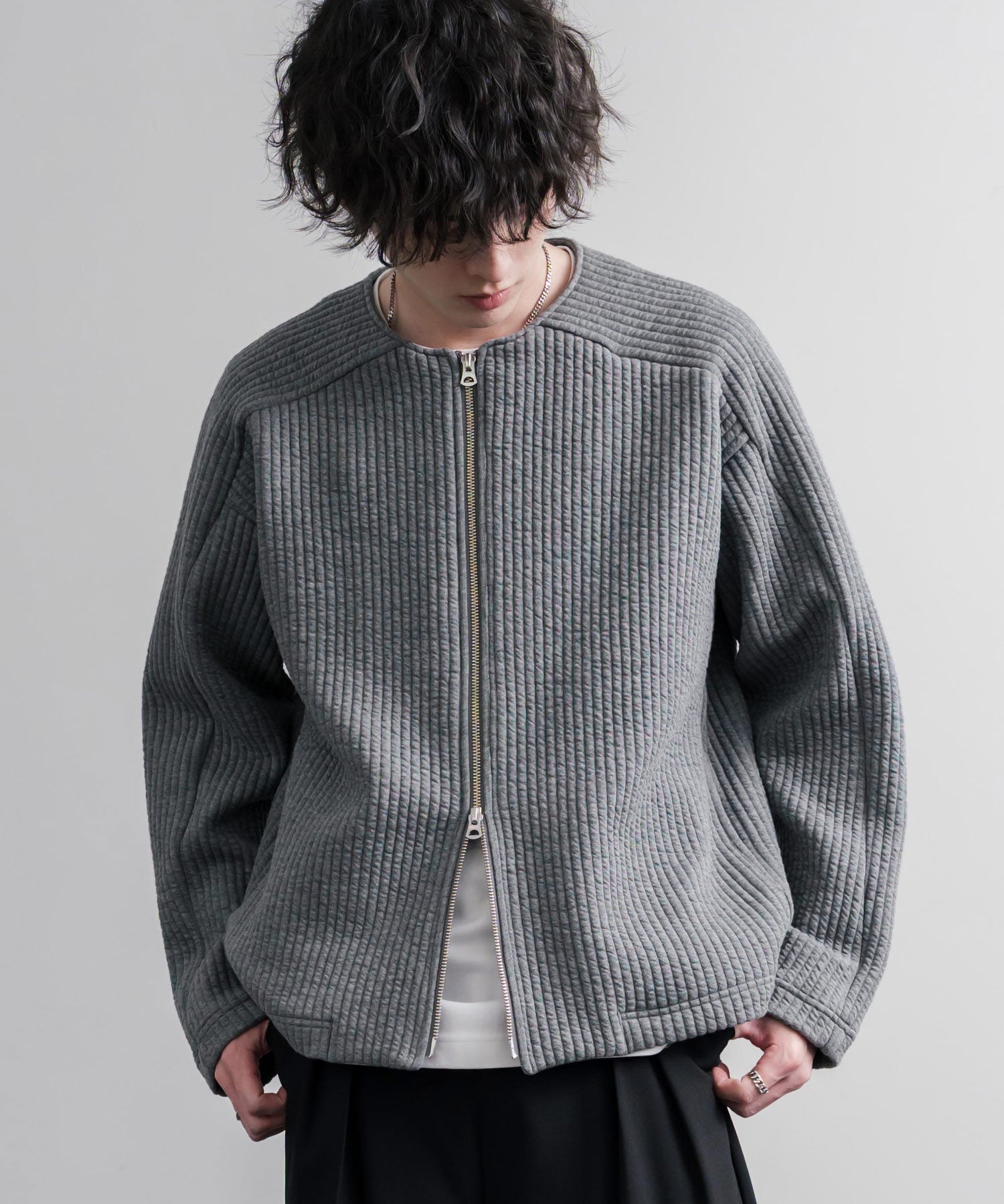 Upscape Audience アップスケープオーディエンス 日本製 国産 尾州コットンキルトノーカラーダブルジップジャケット AUD7411 16568