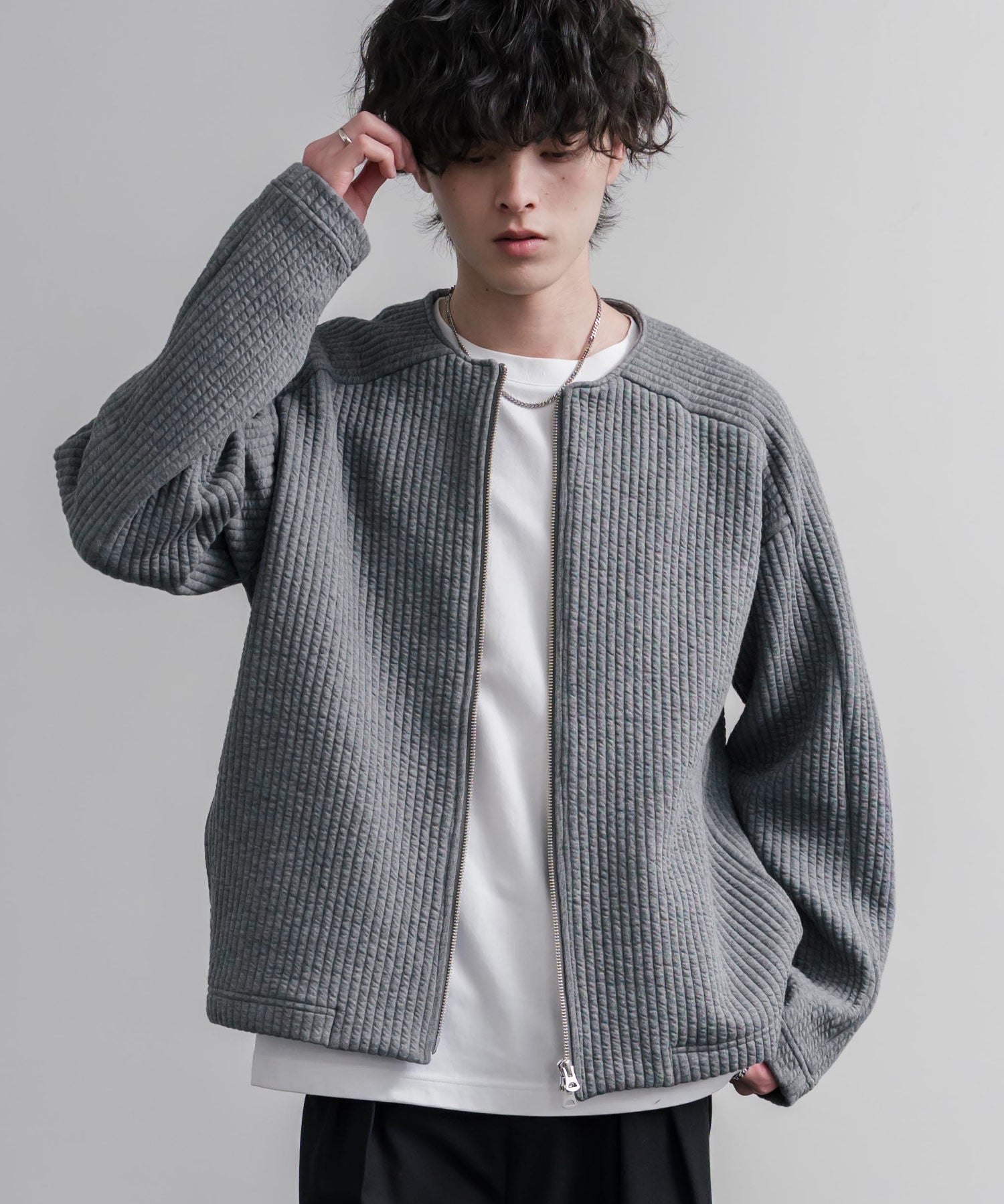 Upscape Audience アップスケープオーディエンス 日本製 国産 尾州コットンキルトノーカラーダブルジップジャケット AUD7411 16568